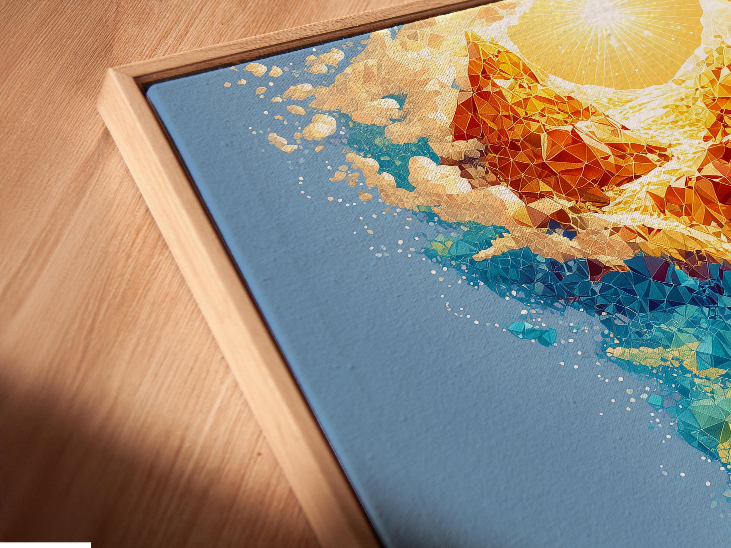 Blue mountain lake artwork with a glowing golden faceted human-like figure rising above it detail view