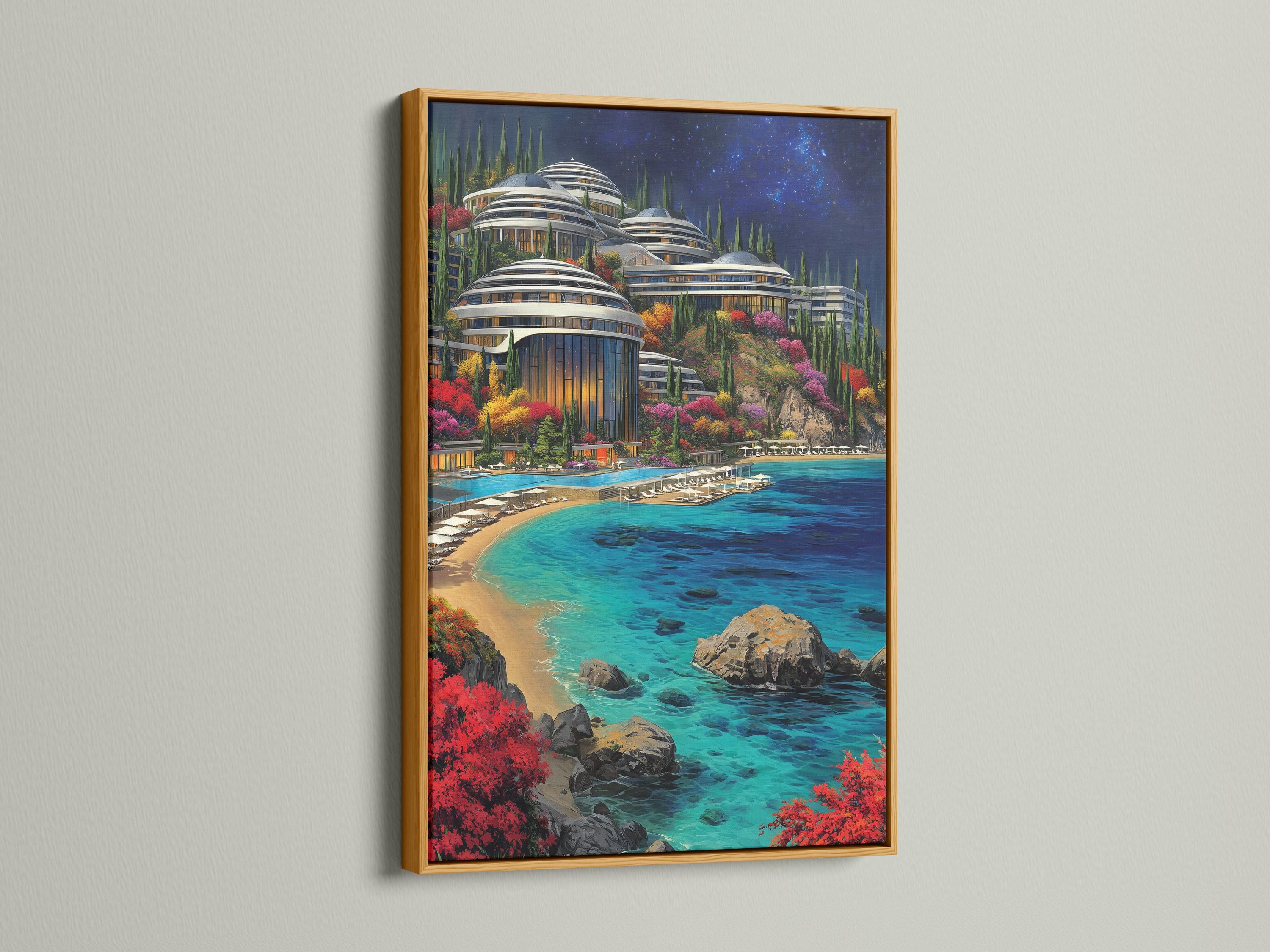 Turquoise ocean coastal cityscape with glowing futuristic towers, colourful gardens and starry night sky detail view
