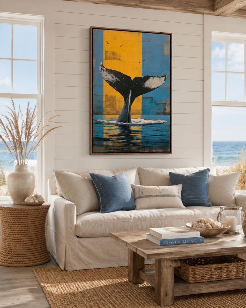 Stylised whale tail breaching from ocean waves with birds above a yellow and blue grid