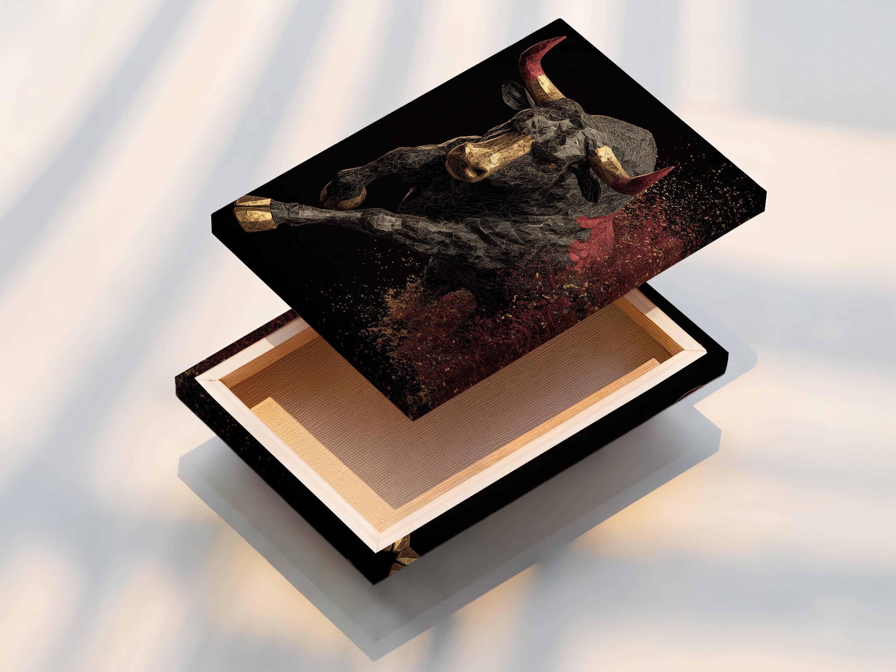 A geometric bull portrait in gold, black and grey sits against a dark background, with red horn accents and a sparkling speckled sky on the right