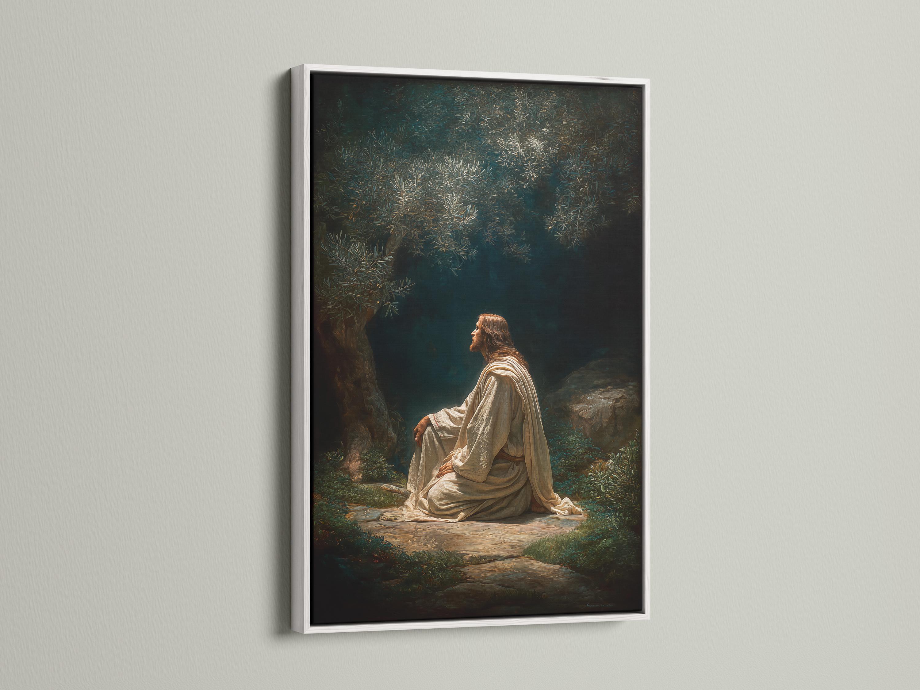 Seated praying figure in light robes in a dark green forest with glowing leaves detail view