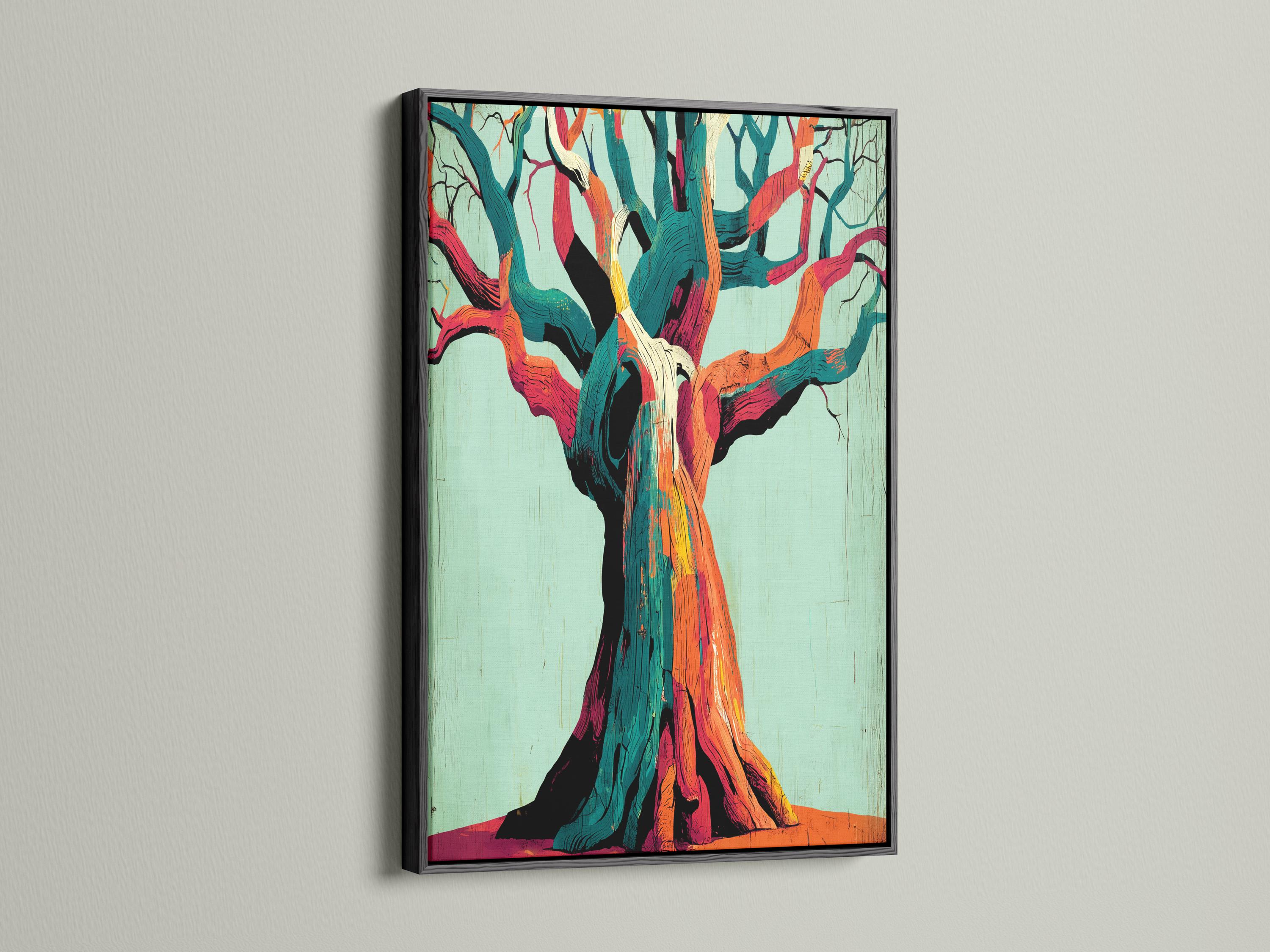 Stylised abstract tree with teal, orange and magenta branches on a pale mint background detail view