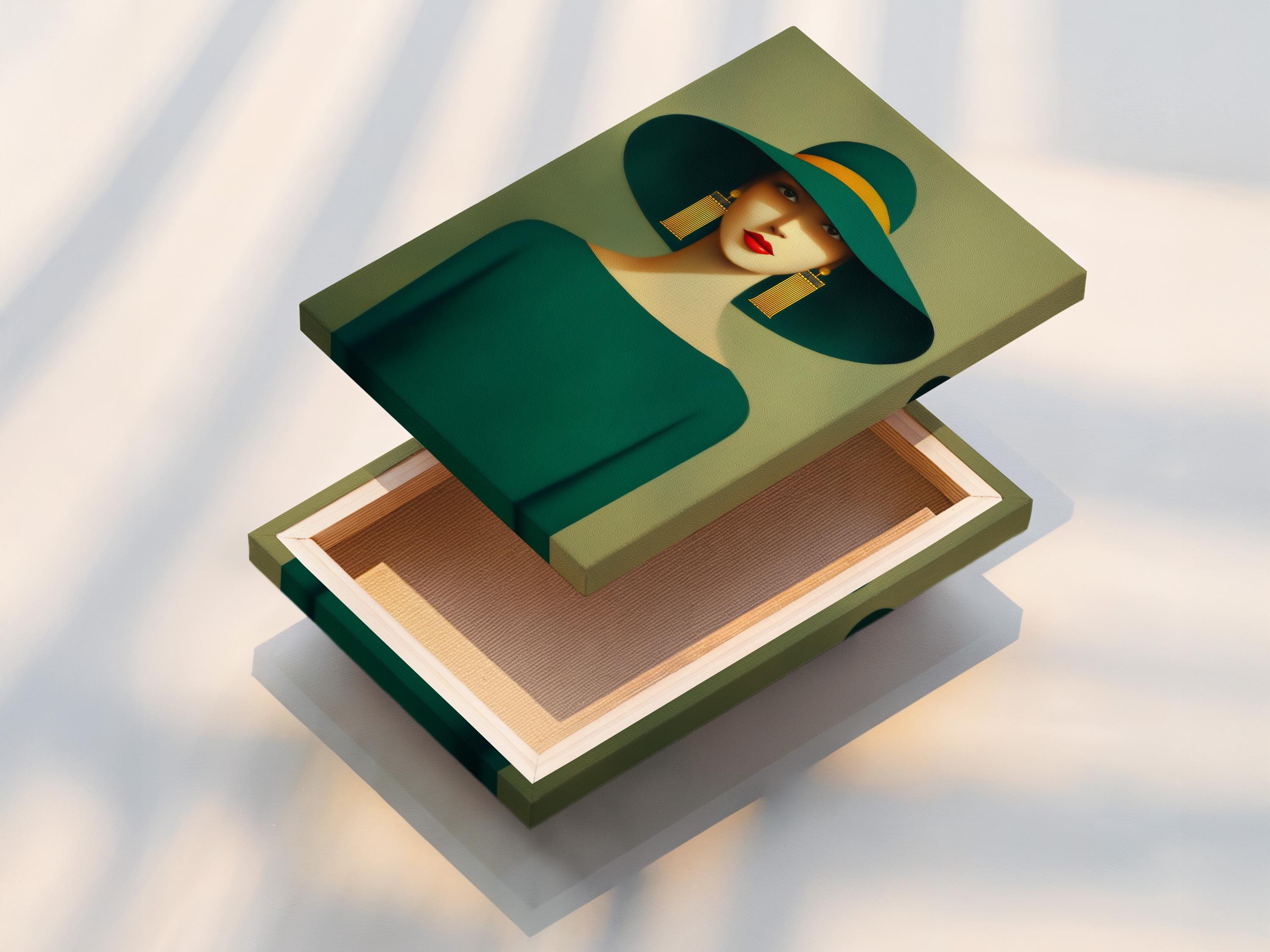 Mockup of a framed stylised woman portrait with a wide green hat and teal outfit