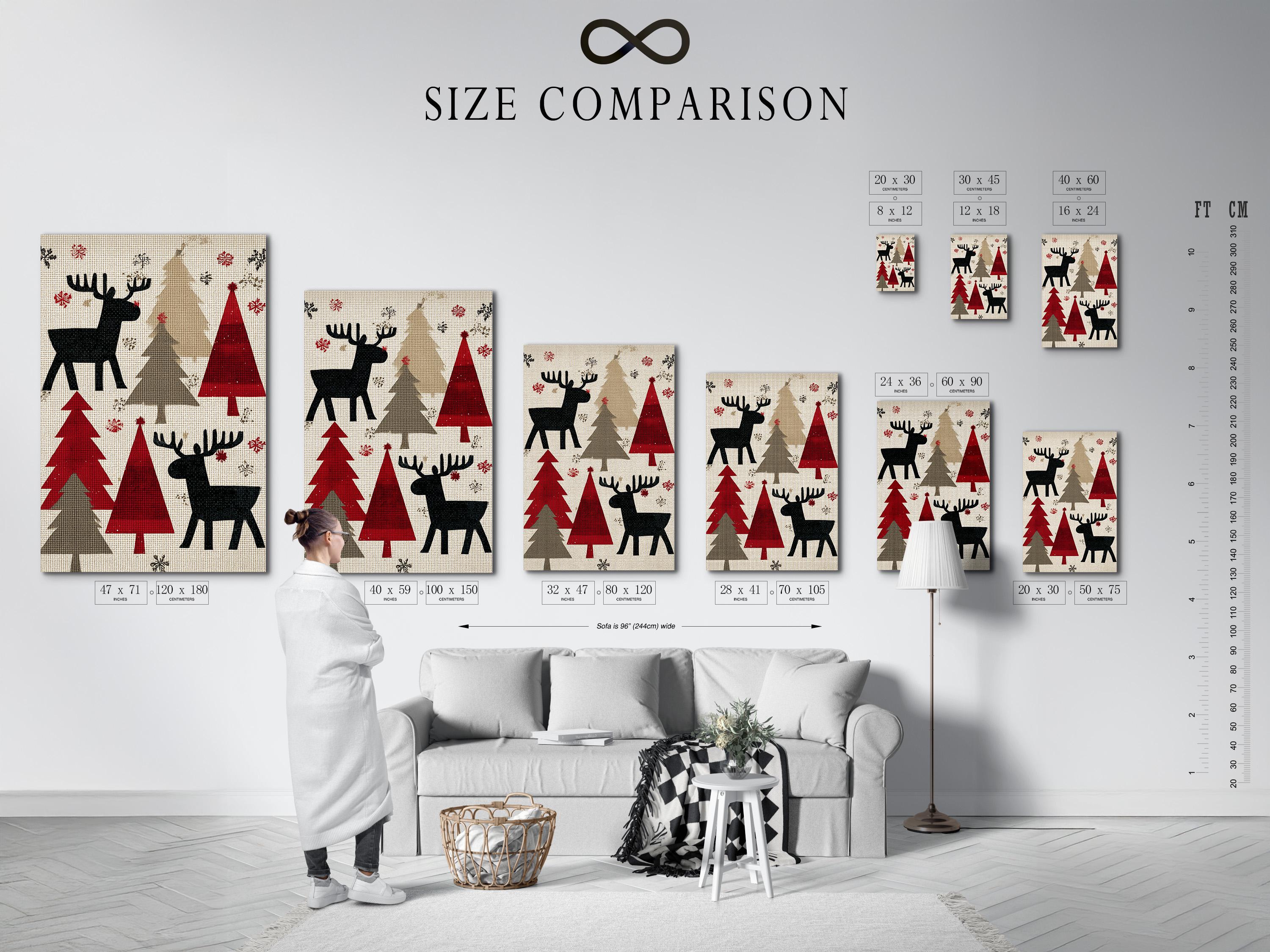 Room mockup showing a framed festive moose artwork with Christmas trees and snowflakes