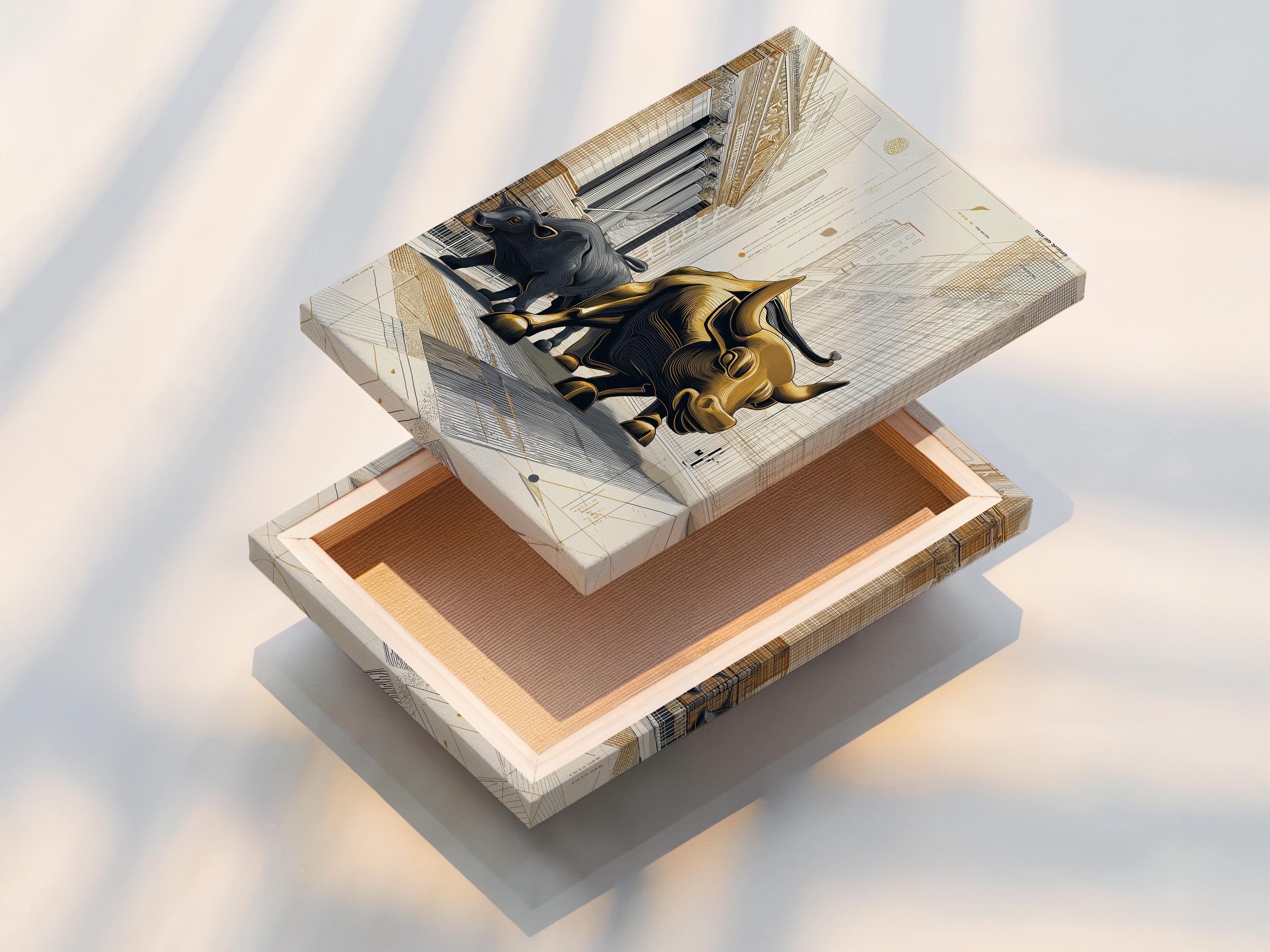 Gold bull and dark bear face-off in an architectural grid city drawing with beige background detail view