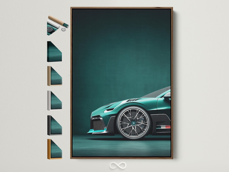 Teal sports car with prominent front wheel on a dark teal gradient background