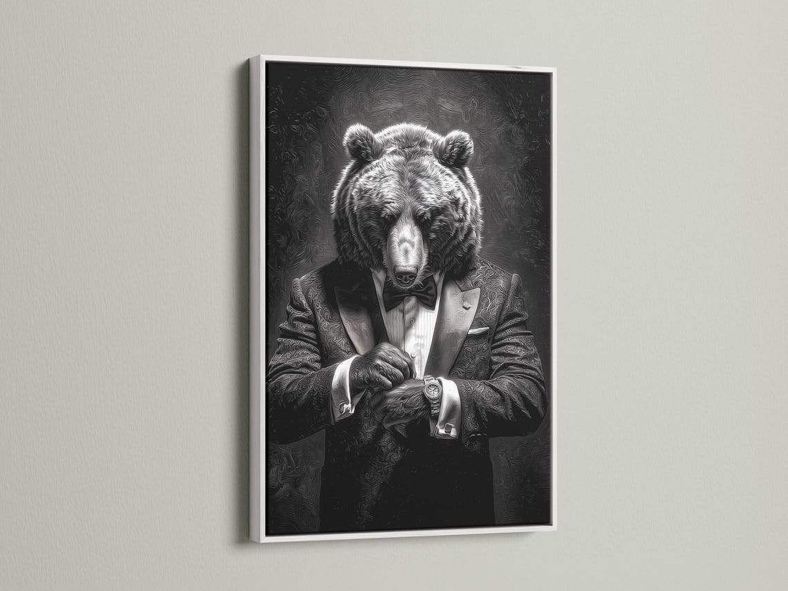 Bear portrait artwork shown in framed mockups with black, white and gold variations