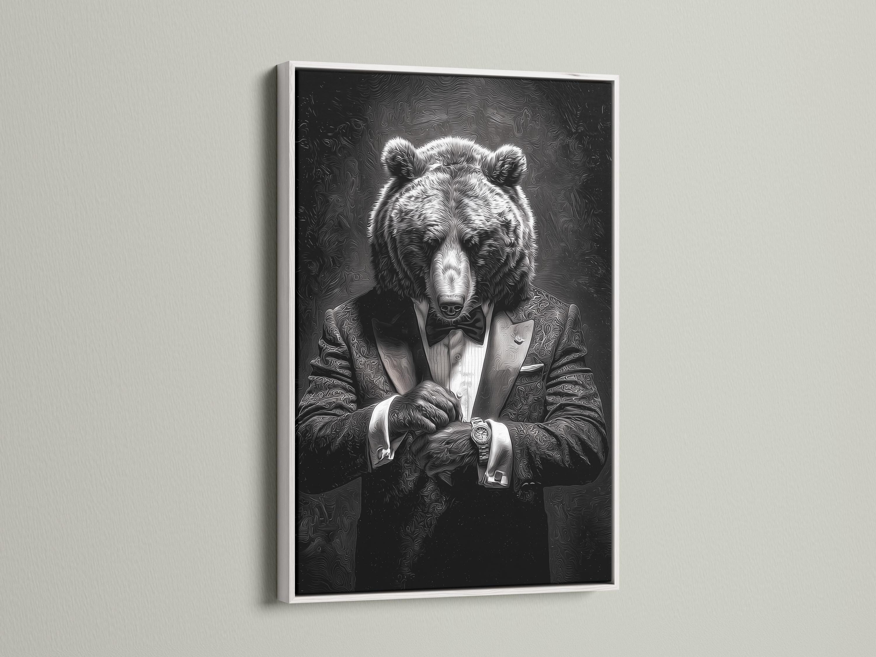 Bear portrait artwork shown in framed mockups with black, white and gold variations