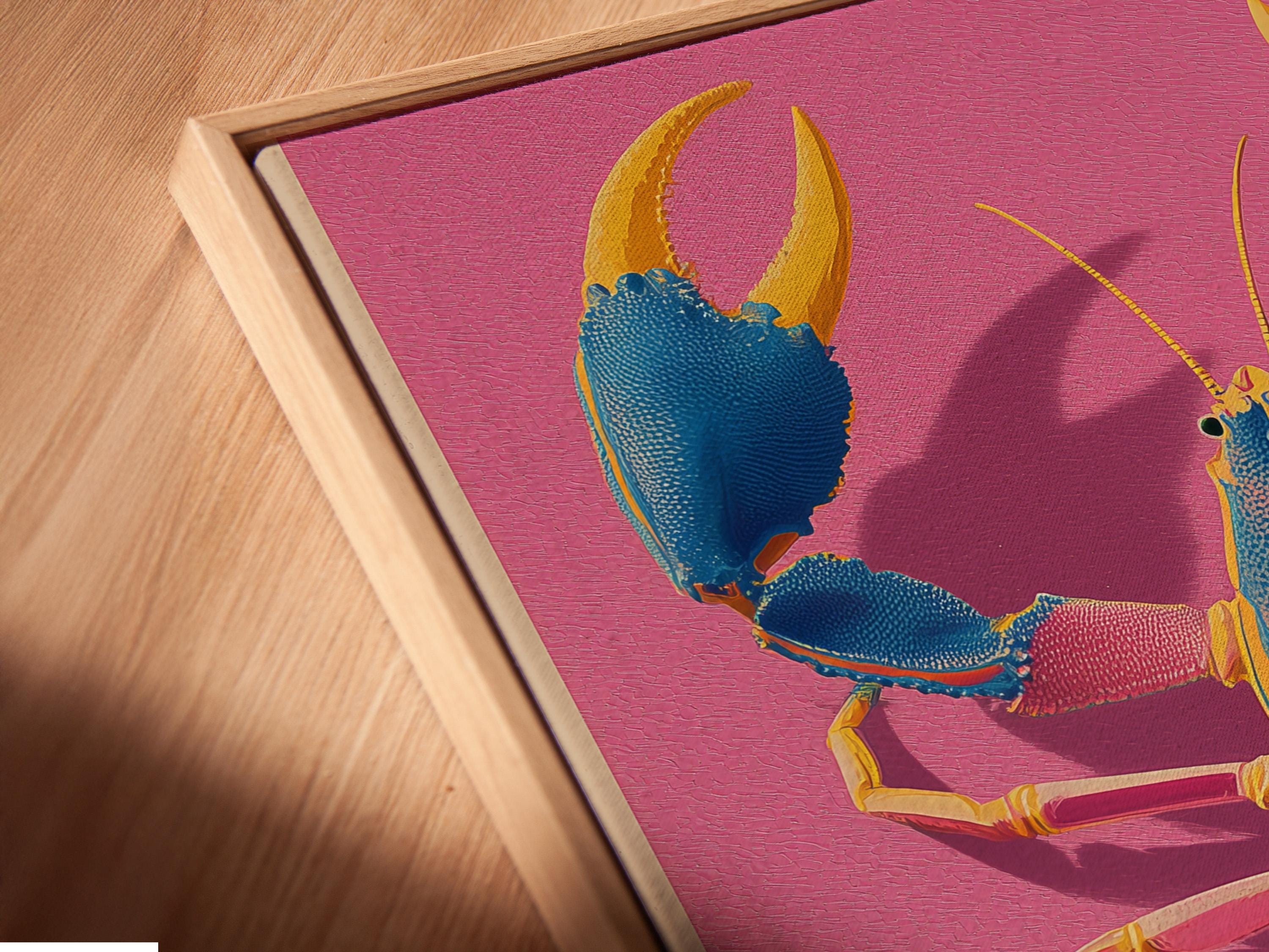 Stylised blue lobster with gold claws on a hot pink and teal sea background detail view