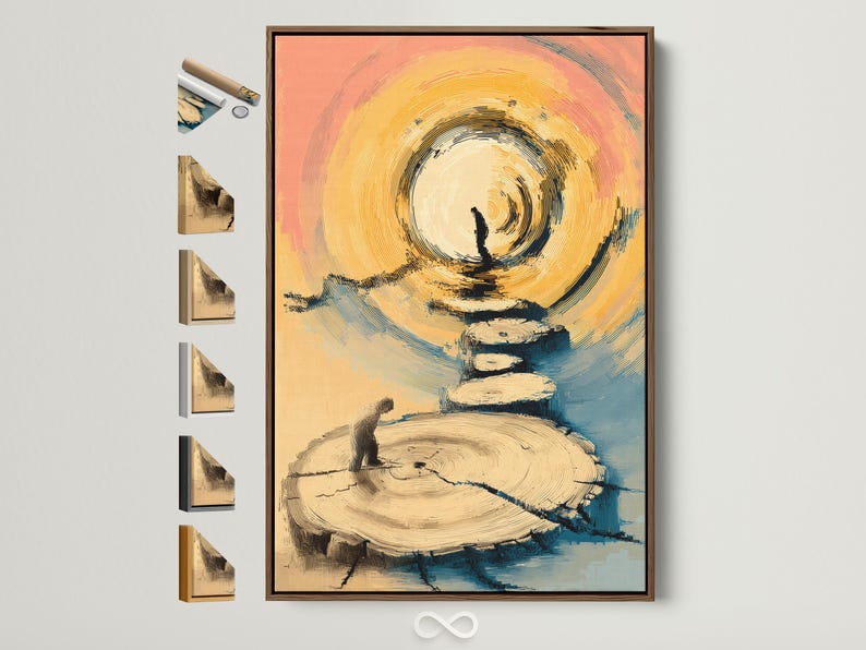 Abstract halo above curved steps with a small dark silhouette, in beige, gold and sky blue