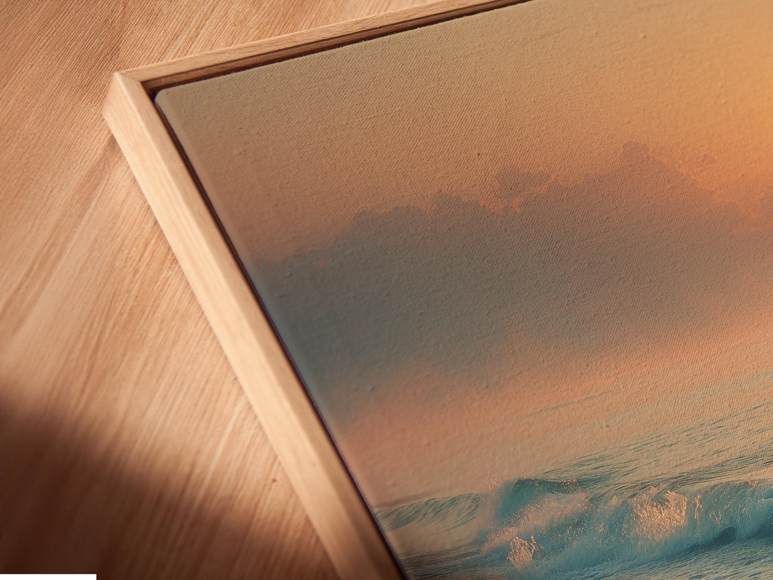 A sunrise seascape shows a glowing sun above layered clouds, with ocean waves rolling onto a sandy shore and reflecting warm light detail view