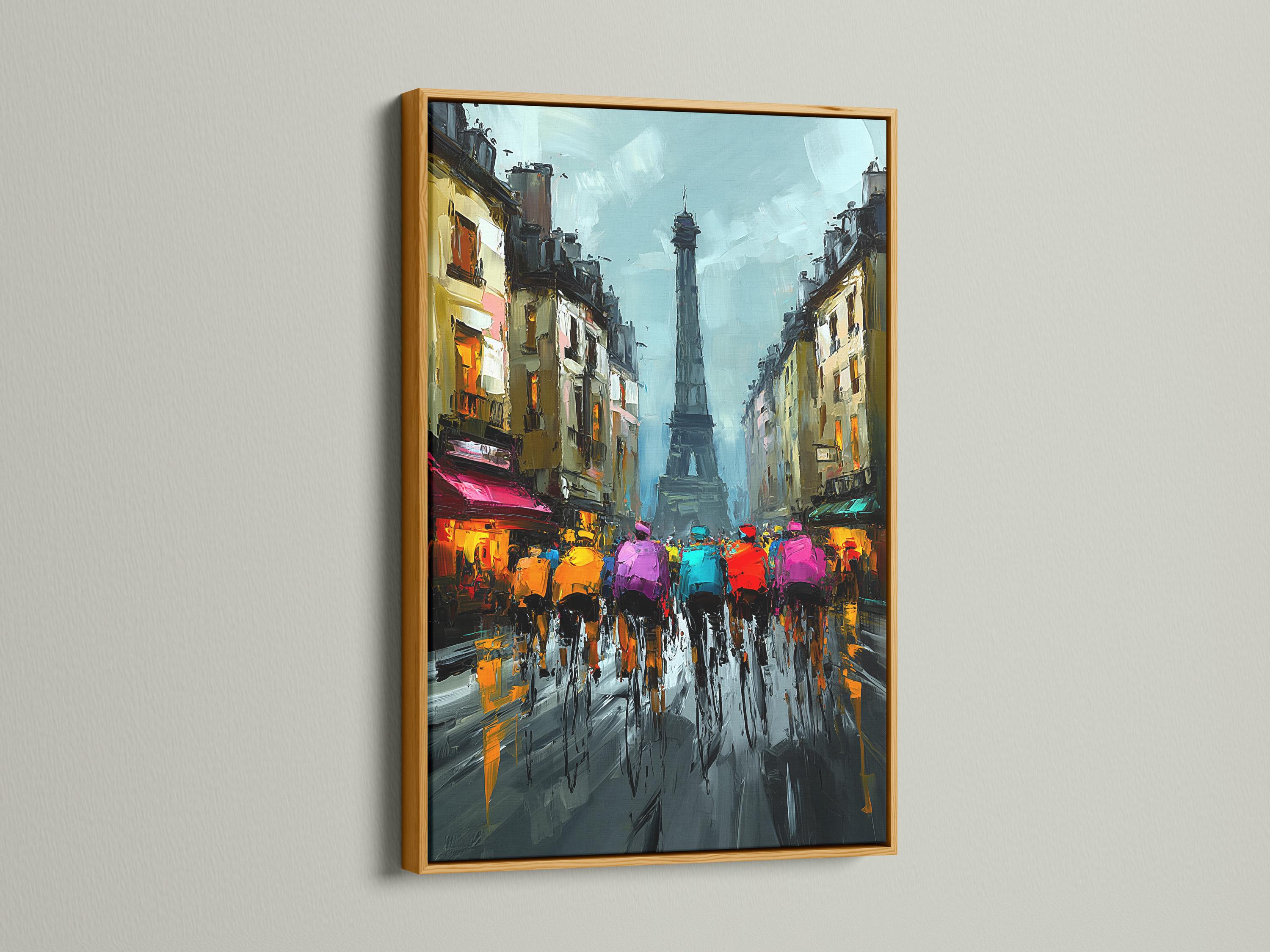 Wall mockup showing a framed Paris tower cityscape artwork with blue and pink colours