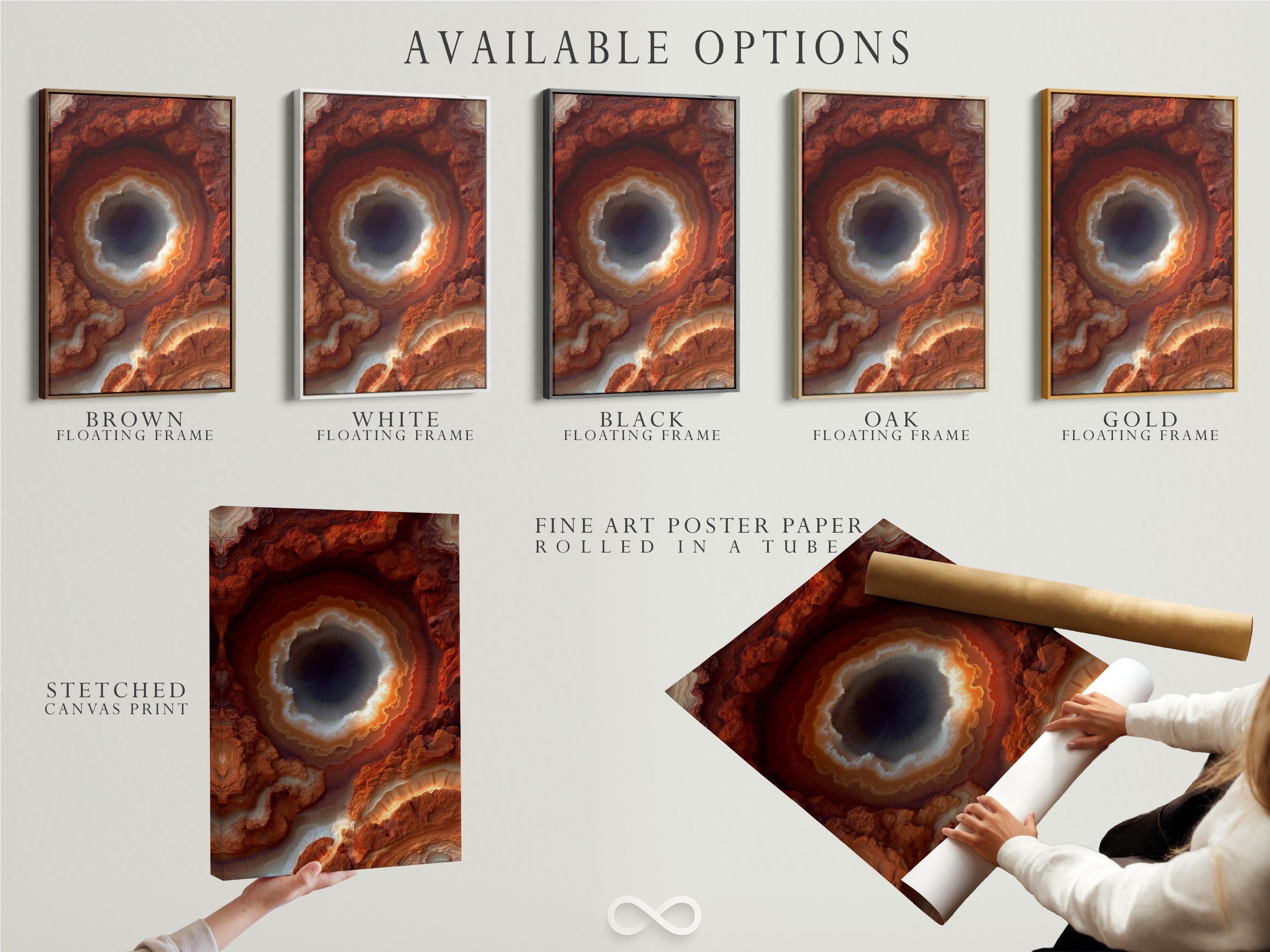 A rust orange geode-like abstract design shows a bright glowing ring around a dark centre, surrounded by marbled stone textures detail view