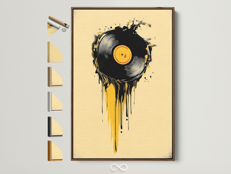 Illustration of a black vinyl record with a yellow centre and dripping paint on a beige background