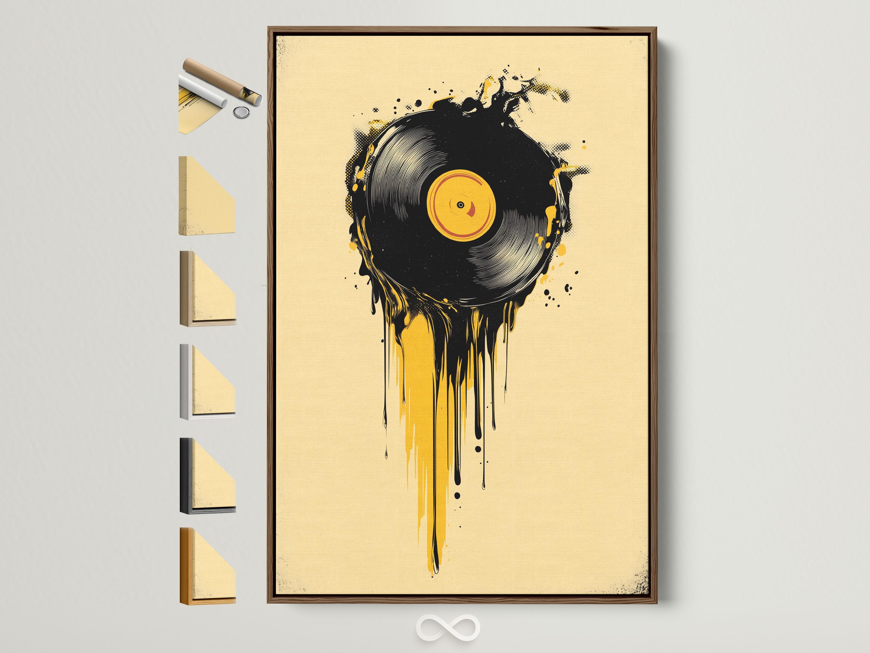 Illustration of a black vinyl record with a yellow centre and dripping paint on a beige background