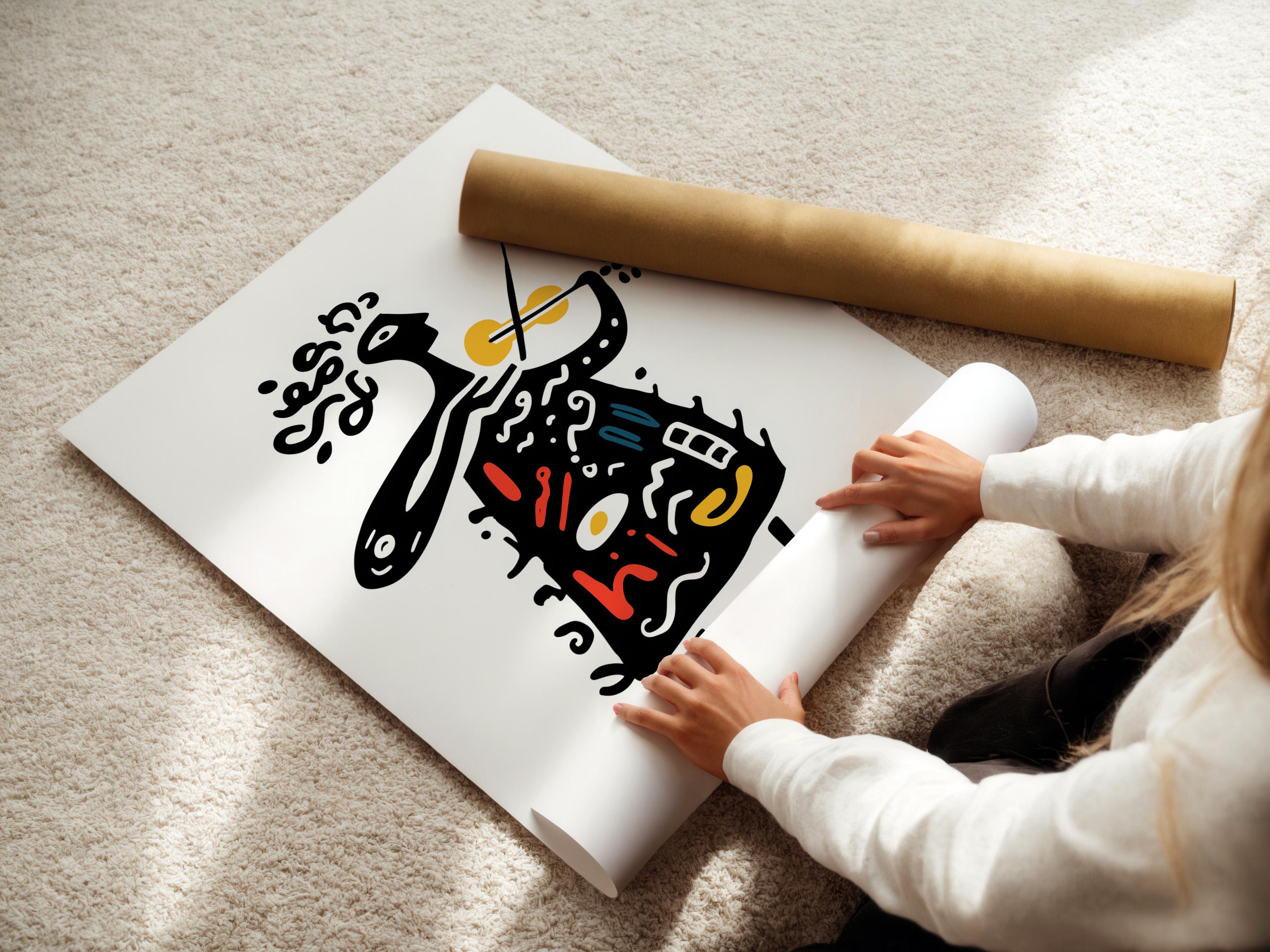 Room mockup showing a framed abstract musician illustration with trumpet, red and yellow accents on a white background