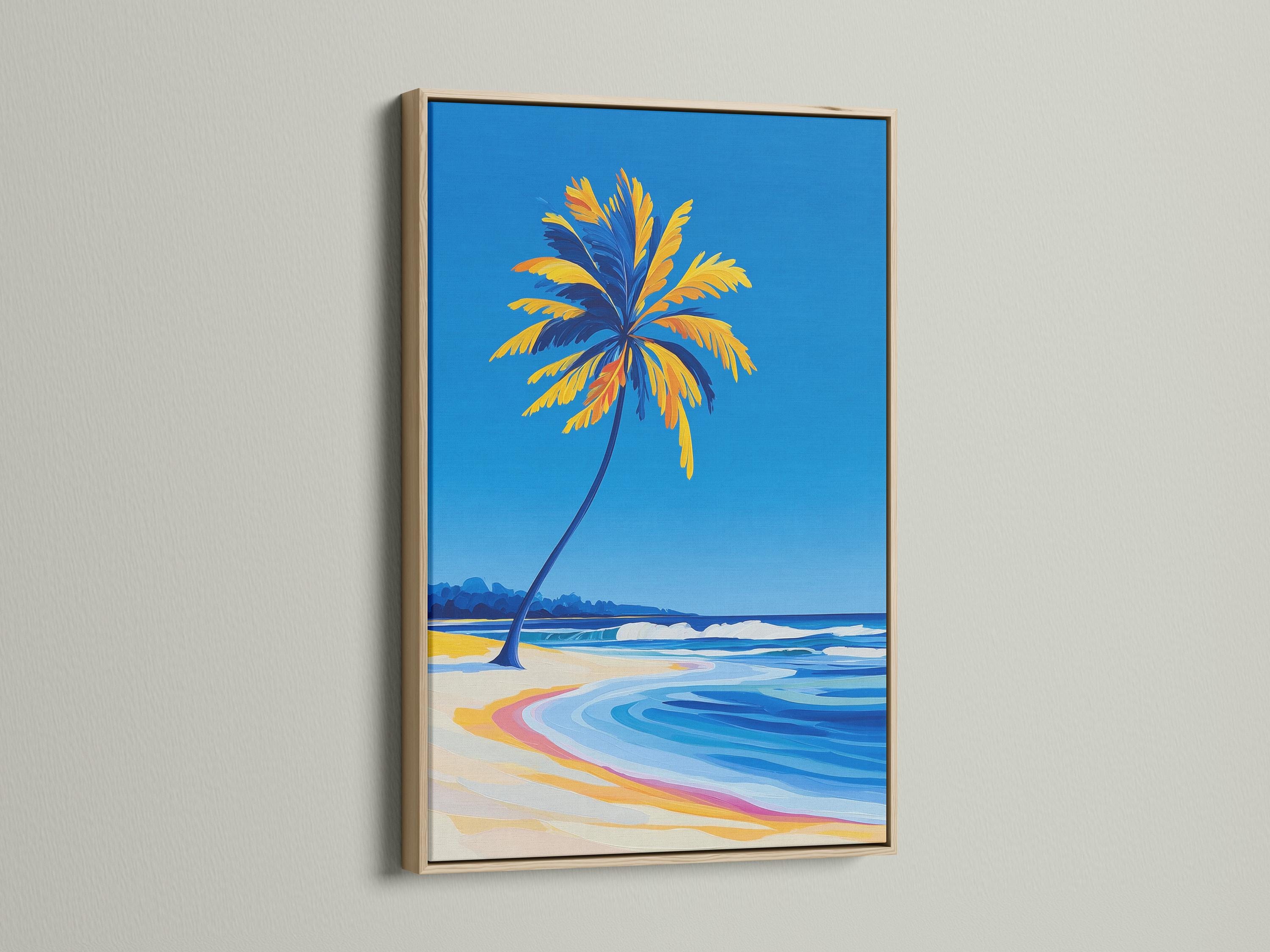 Room mockup showing a framed tropical beach seascape with palm tree, ocean waves and sandy shore