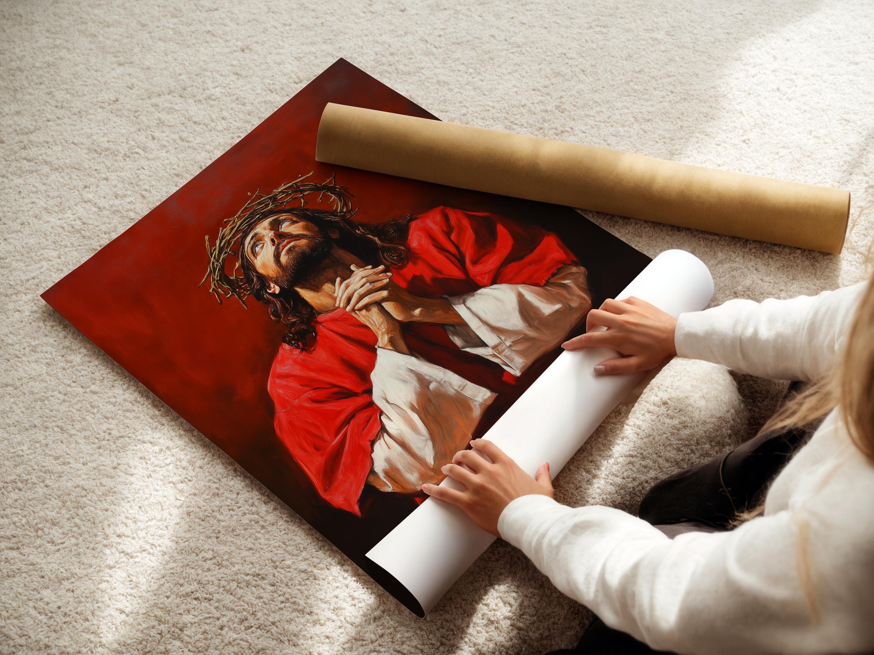 Painterly portrait of Jesus with a crown of thorns, red robe, and praying hands against a dark red-brown background detail view