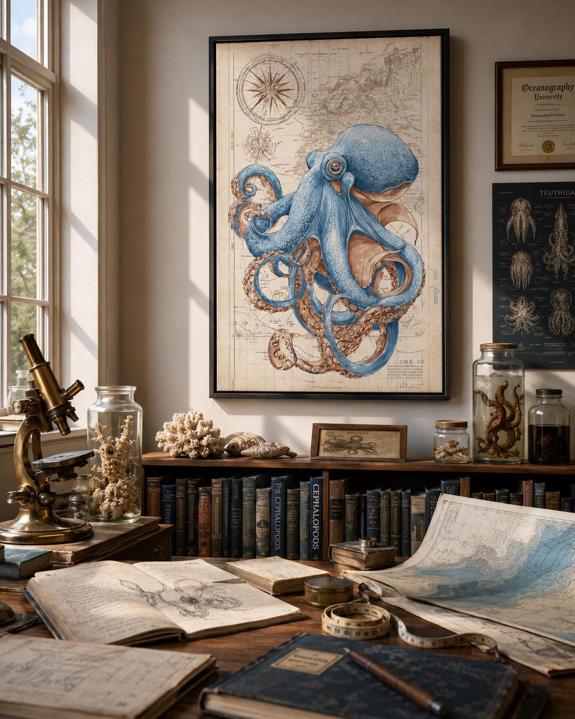 Blue octopus illustration over an antique beige nautical map with compass-like circles detail view