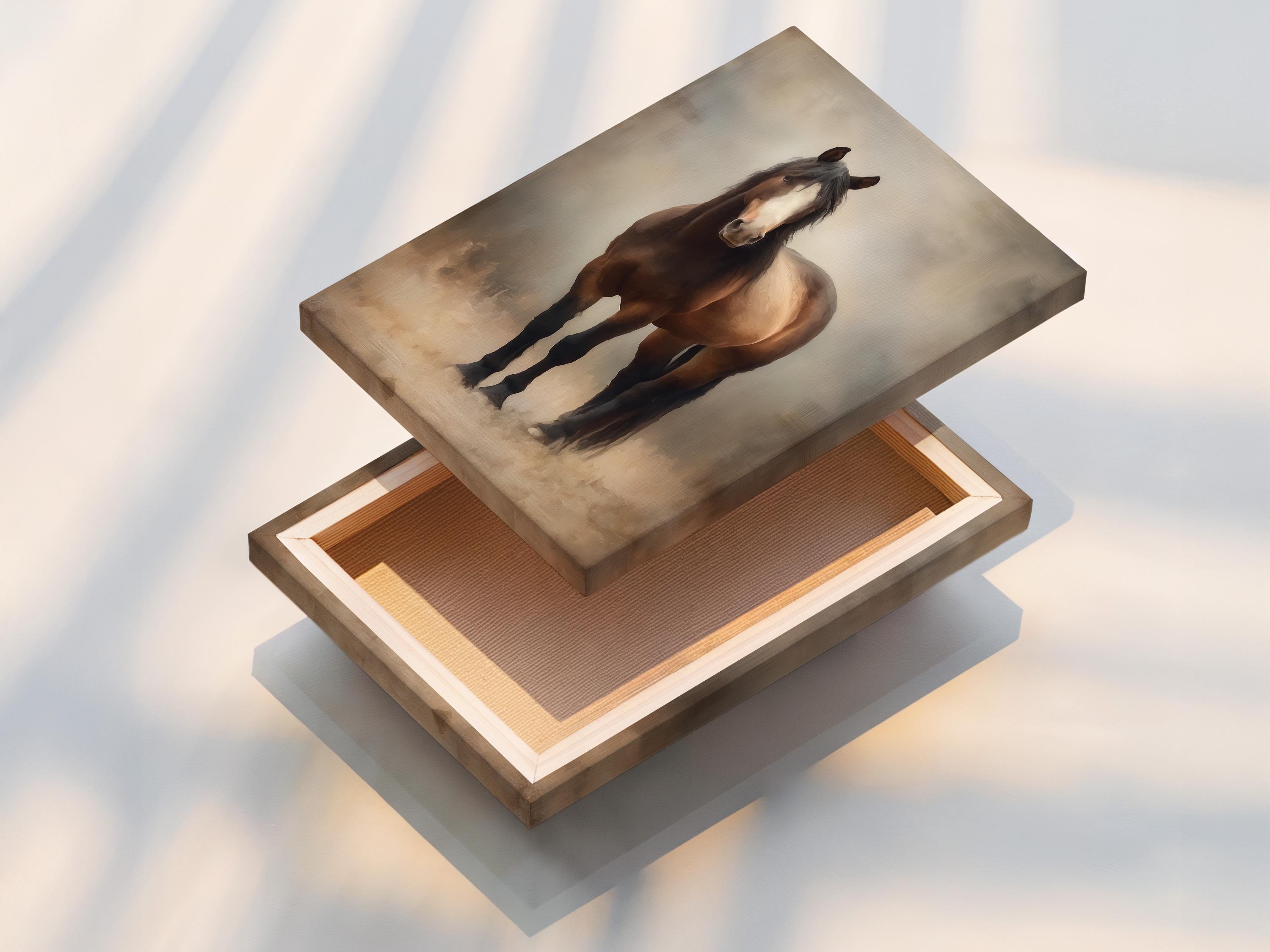 Room mockup showing a framed brown horse portrait artwork on a beige wall
