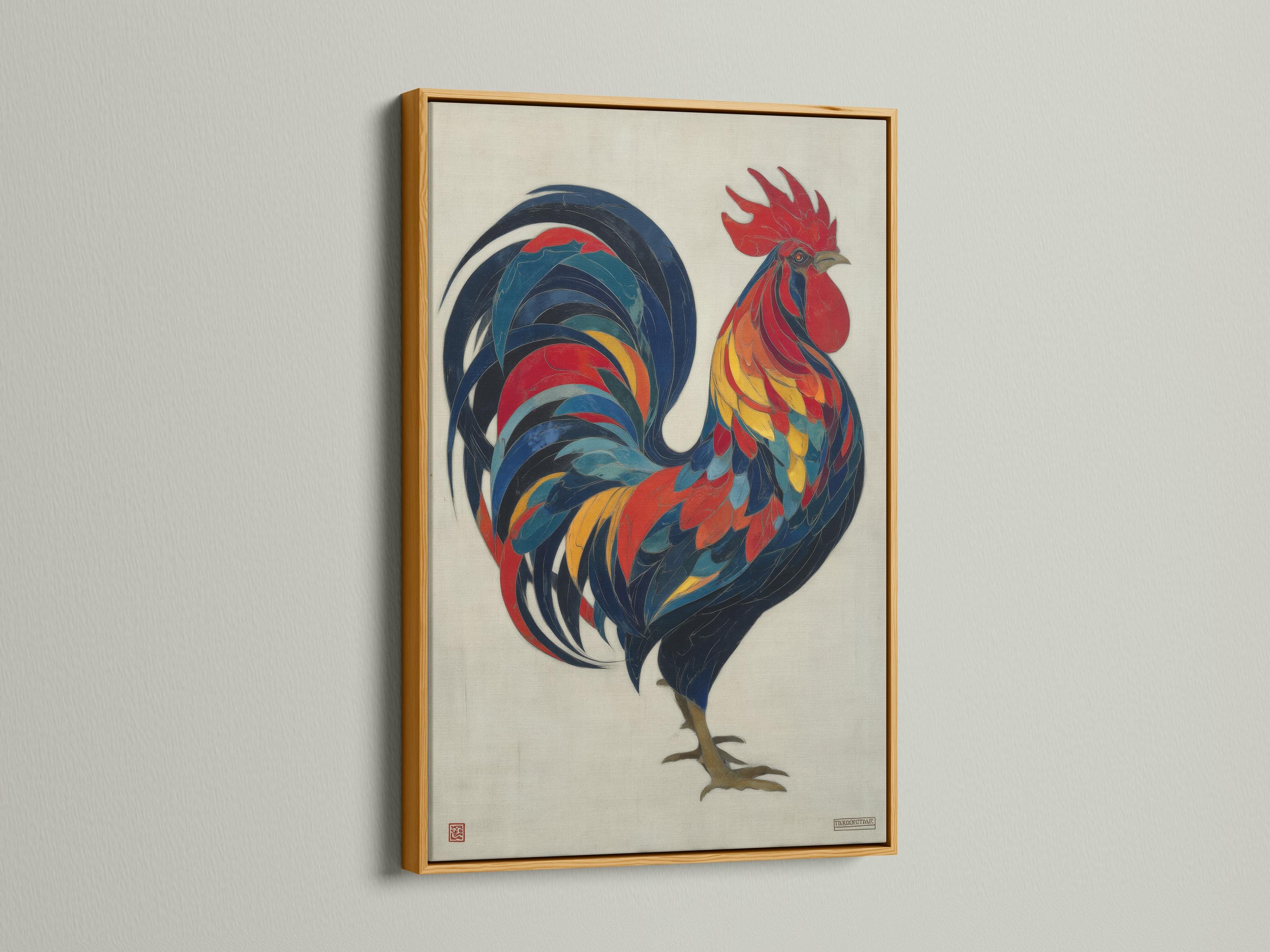 Colourful rooster illustration with layered red, blue and yellow feathers on an off-white background detail view