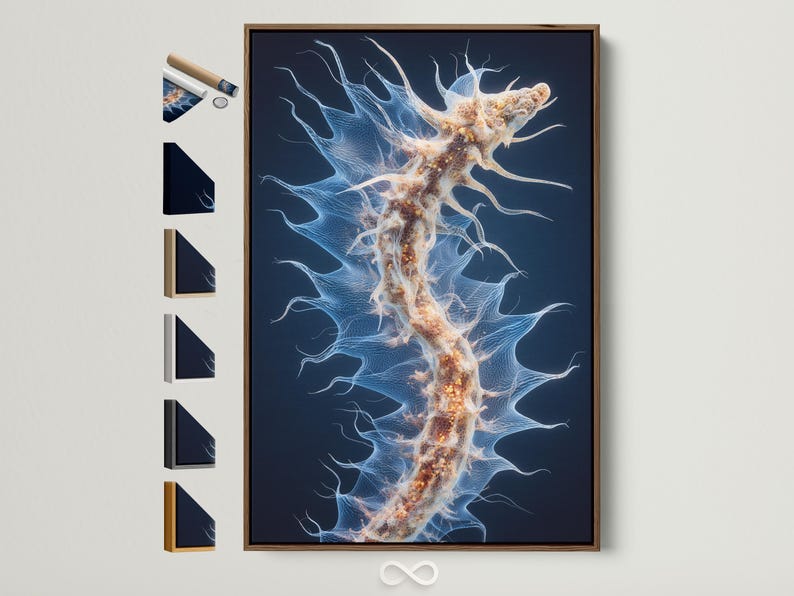 Abstract sea-anemone style artwork on a deep navy background with pale blue tendrils and gold speckles