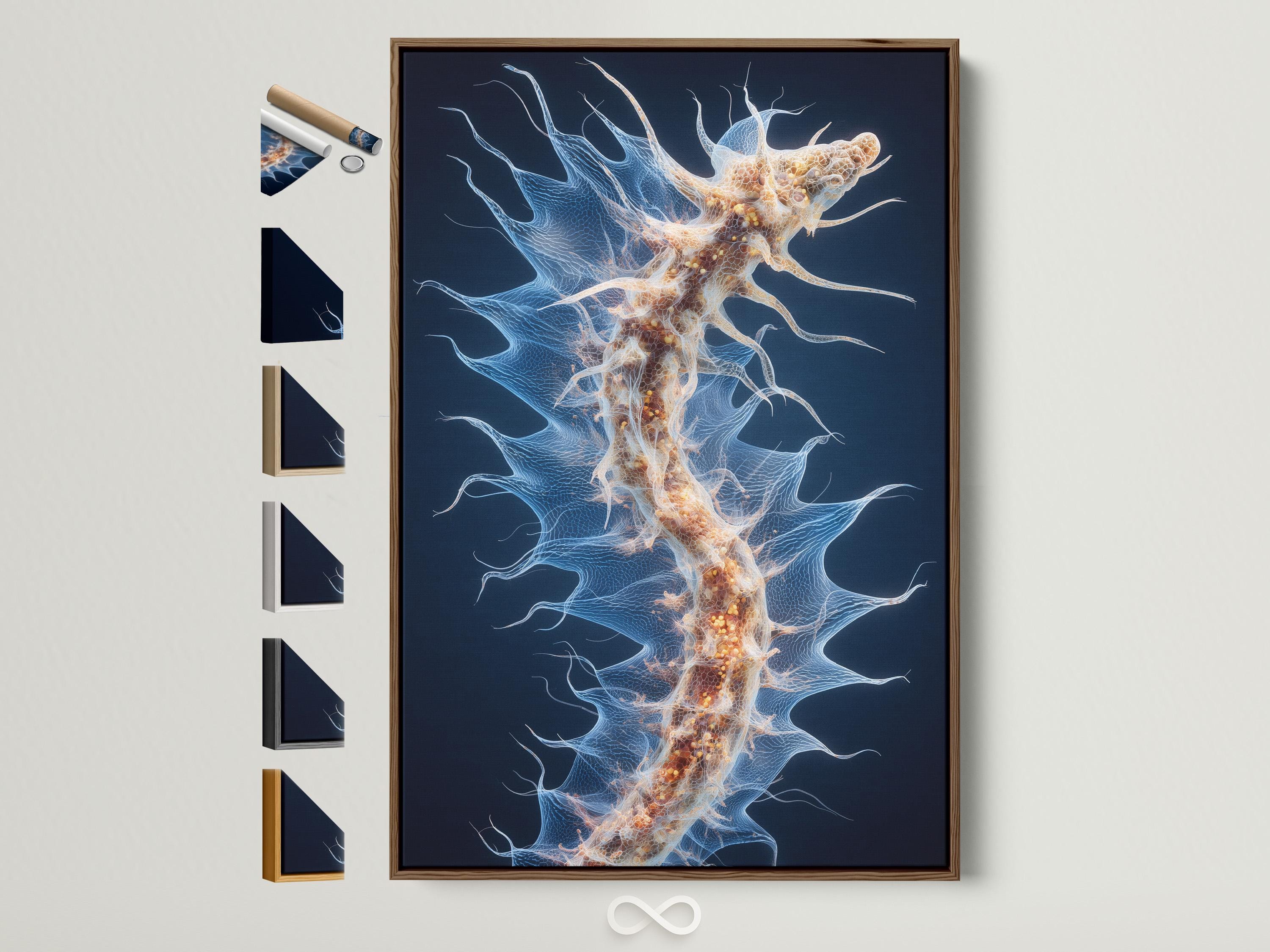 Abstract sea-anemone style artwork on a deep navy background with pale blue tendrils and gold speckles