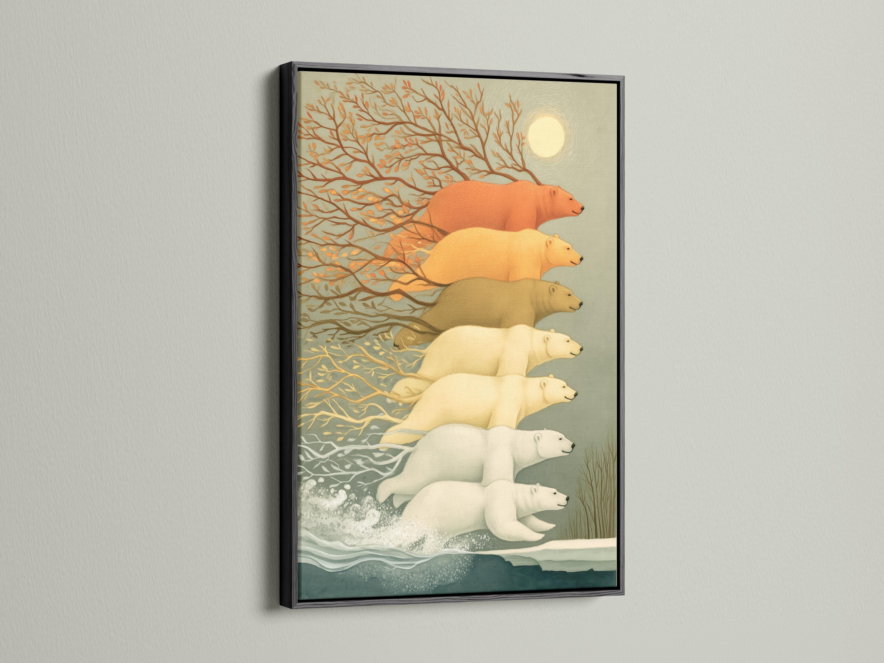 Polar bear family walking through a snowy scene with orange tree foliage and a glowing moon detail view