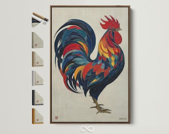 Rooster Art Print - Colorful Farm Animal Canvas, Folk Art Style Kitchen Decor, Red Blue Bird Wall Hanging for Country Home