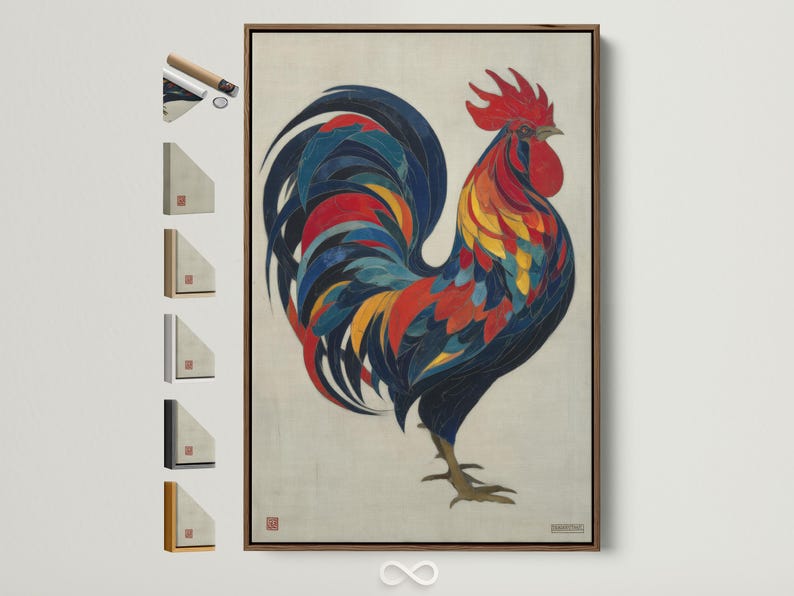 Colourful rooster illustration with layered red, blue and yellow feathers on an off-white background