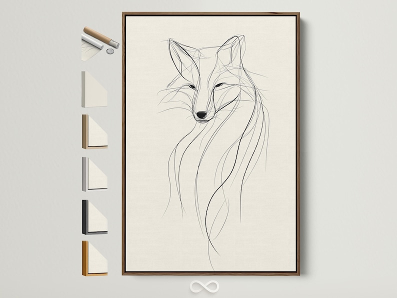 Minimalist fox line drawing in black on a warm beige background