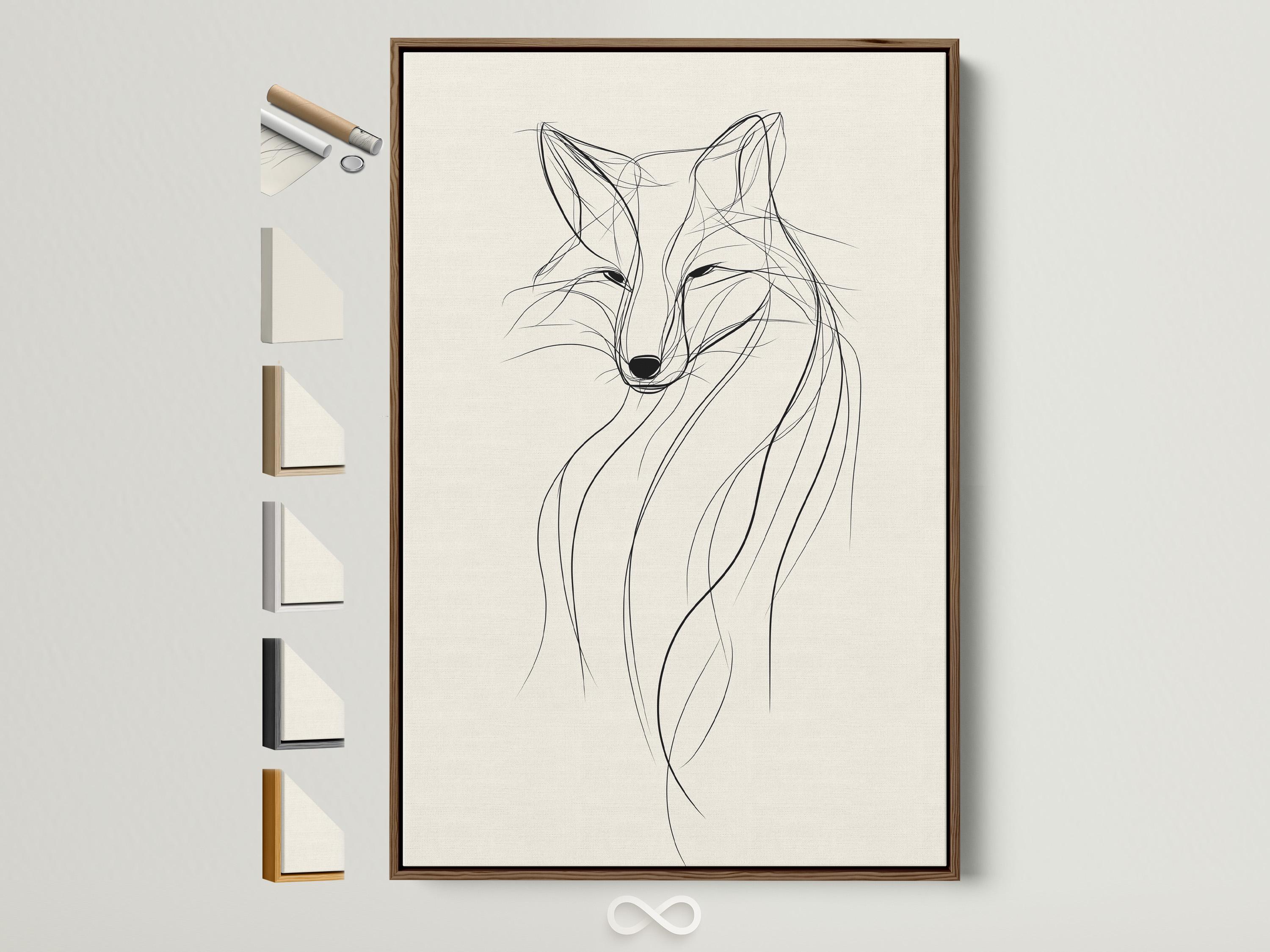 Minimalist fox line drawing in black on a warm beige background