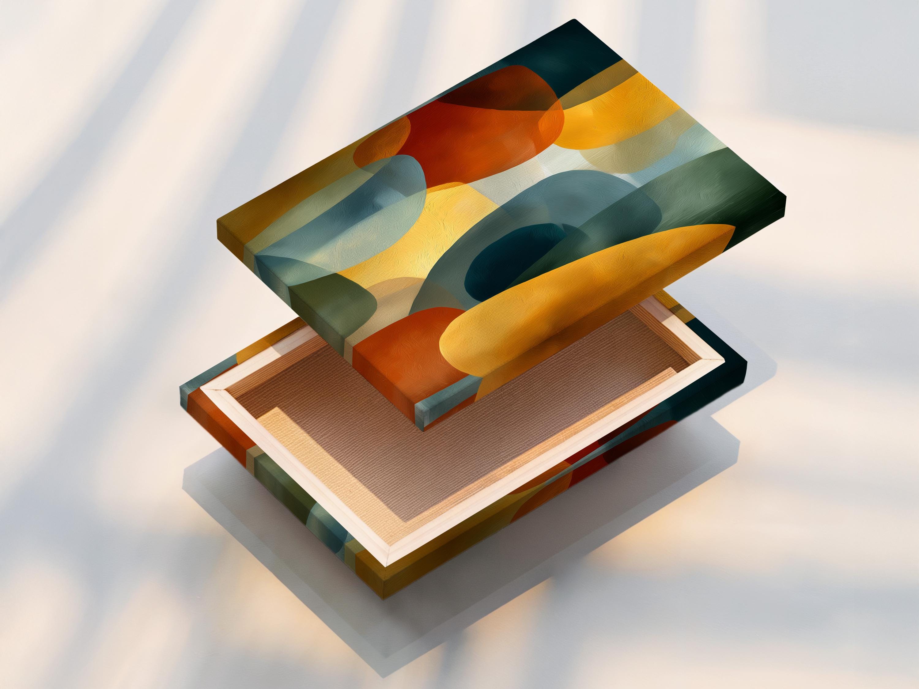 Room mockup showing a framed abstract geometric artwork with teal and mustard shapes