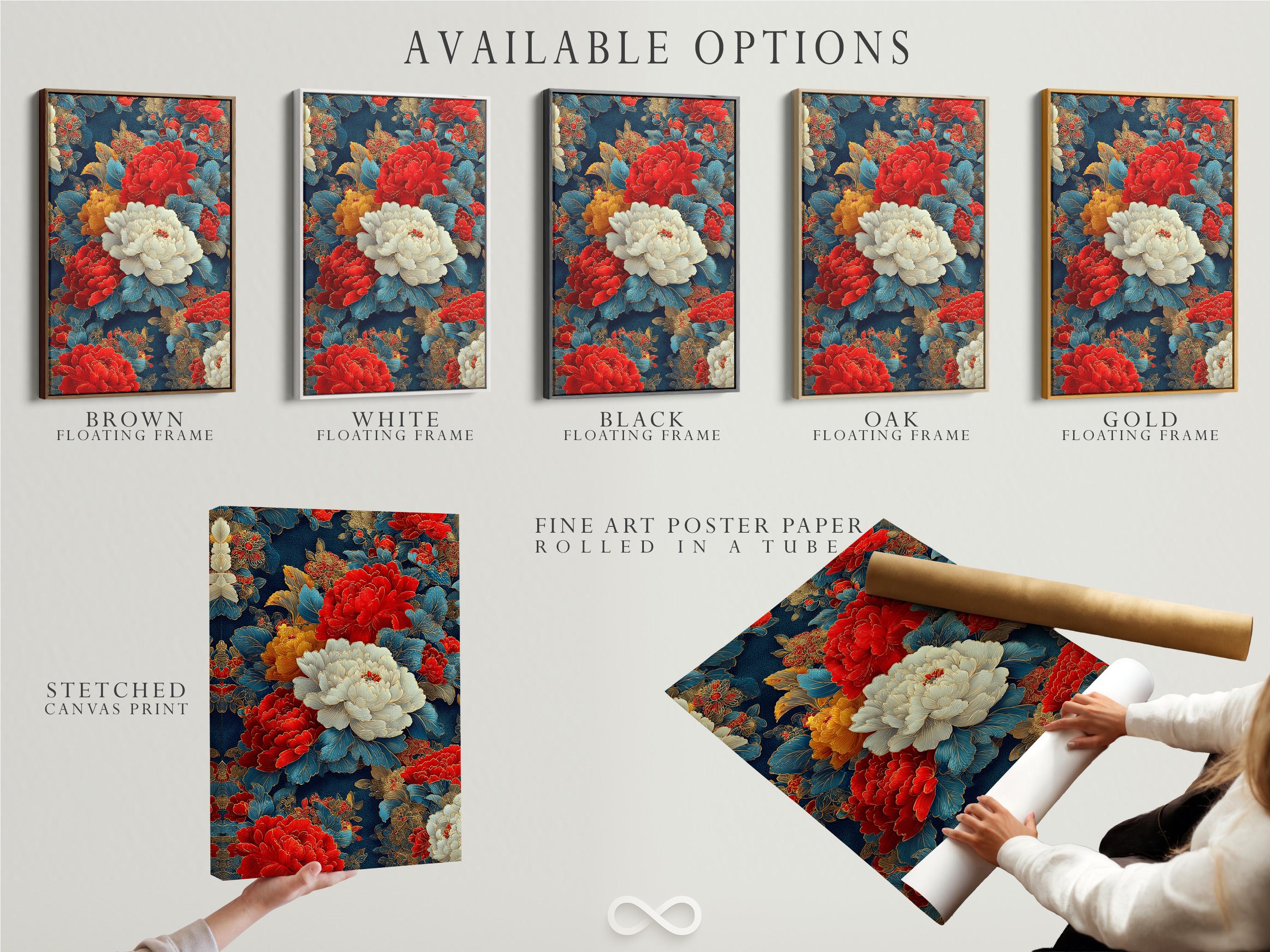 Wall mockup showing an ornate floral artwork with red peonies and cream petals framed against a light background