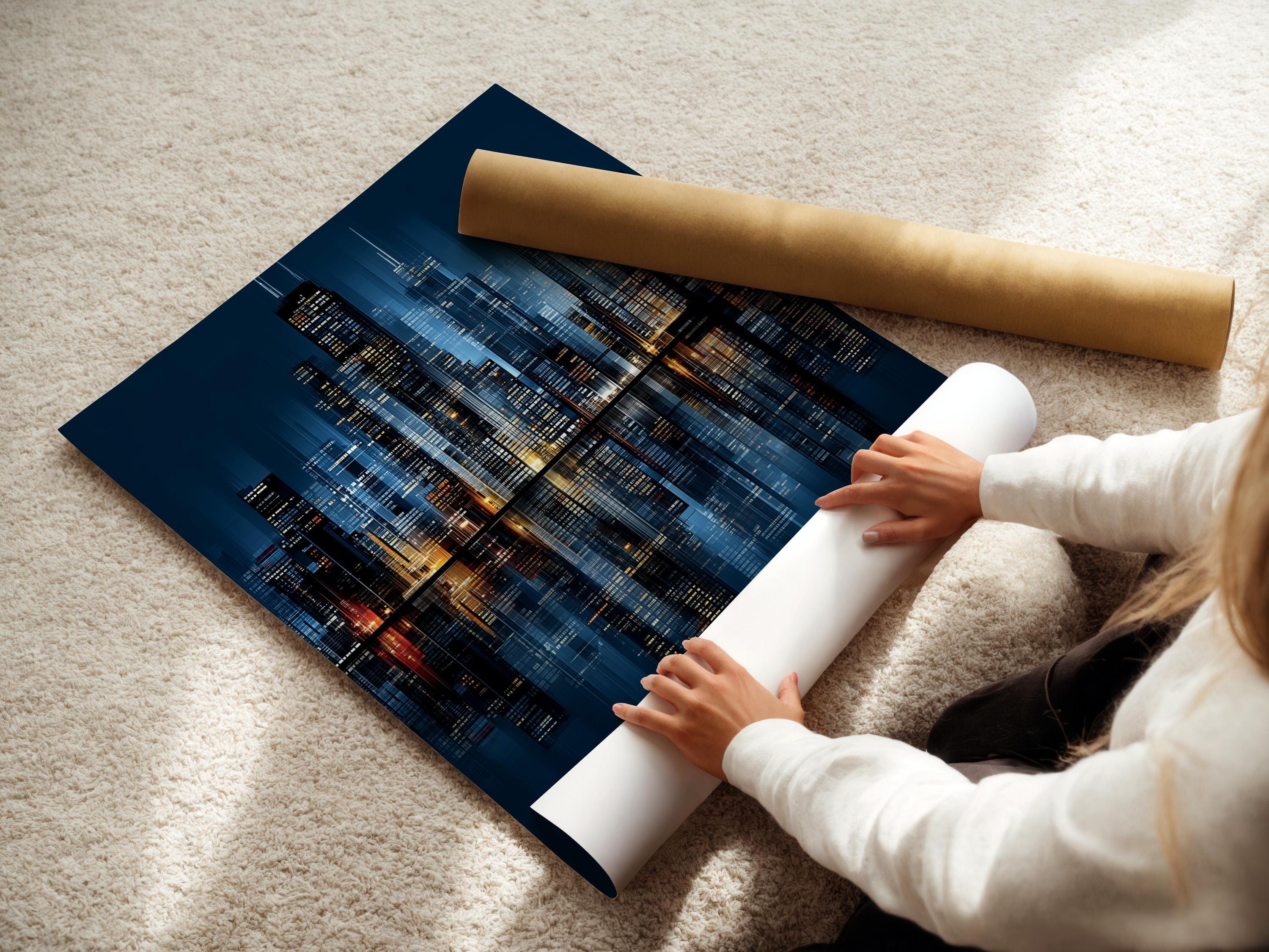 Night city skyline artwork in navy blue with illuminated buildings and reflections detail view
