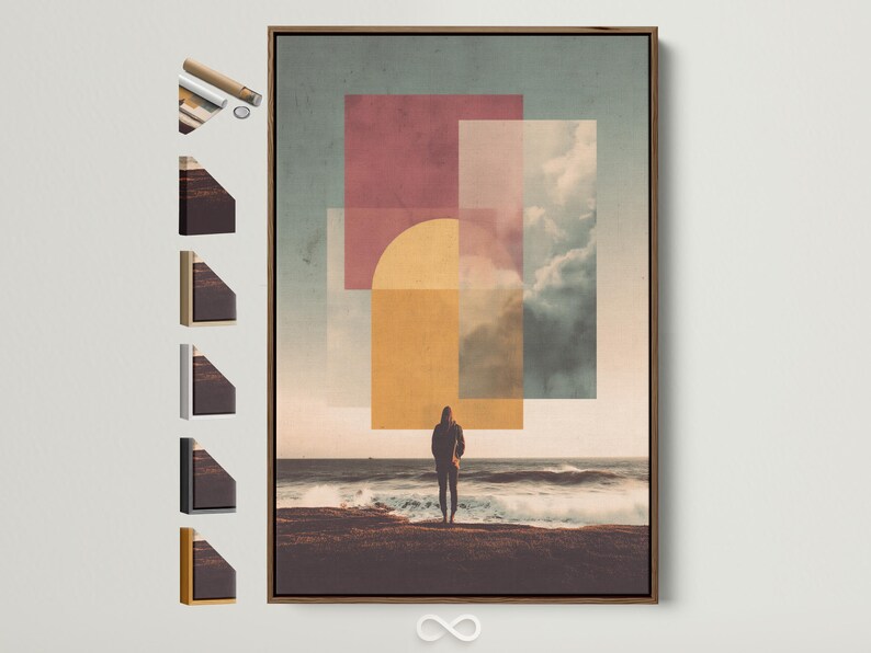 Geometric ocean sunset seascape with a silhouetted figure on a sandy shore