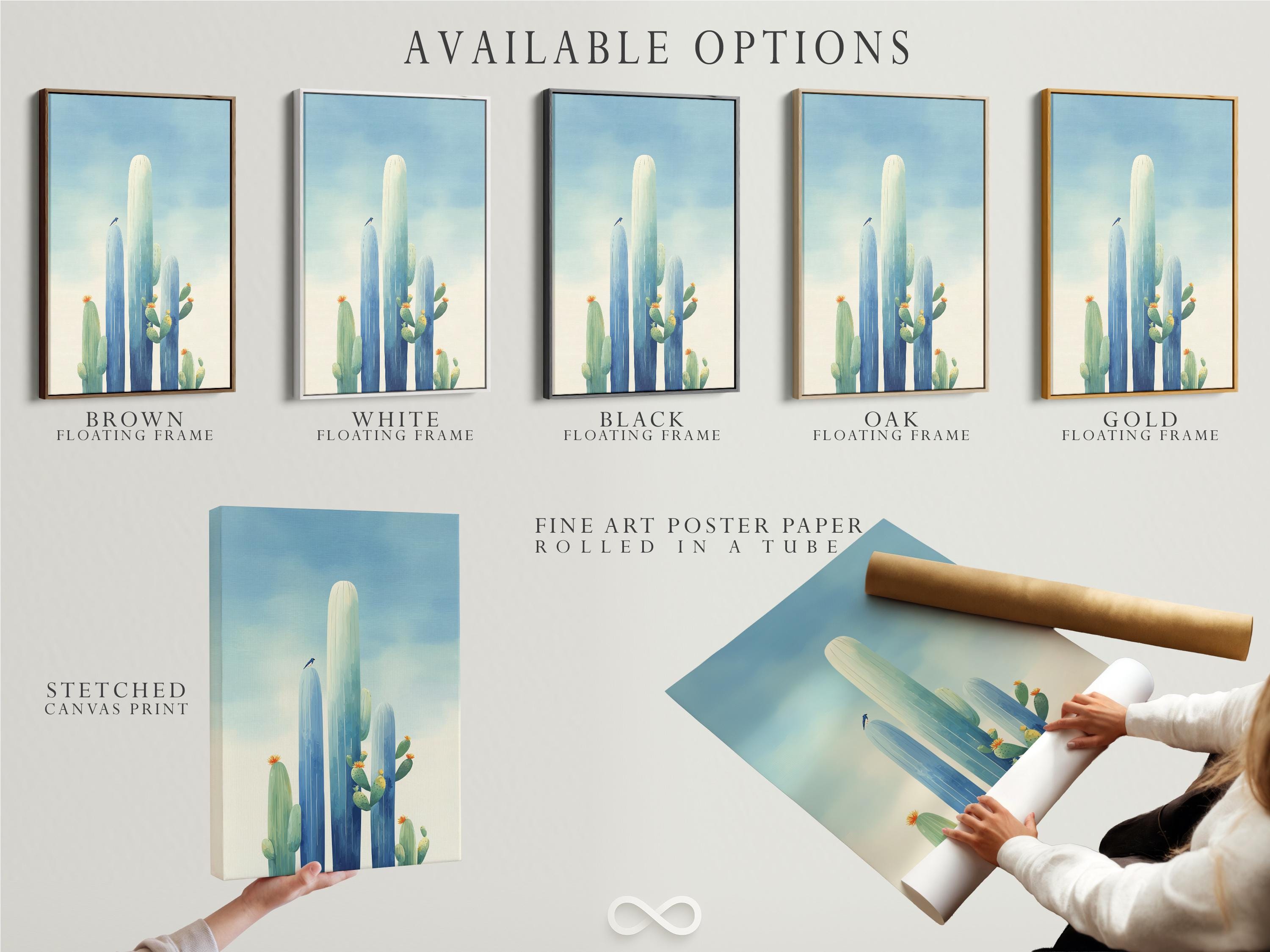 Framed cactus desert artwork with tall blue-green cacti and small orange blossoms against a pale blue sky detail view