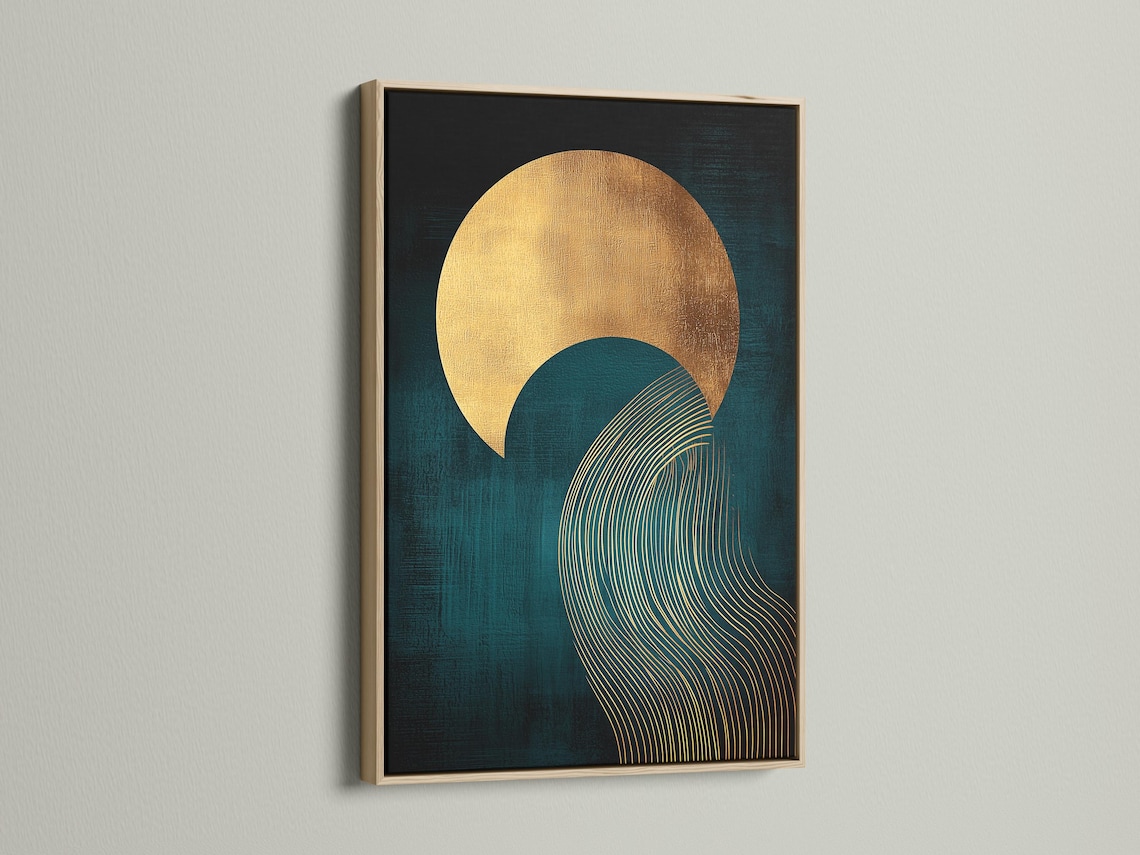 Abstract teal and gold artwork with a large sun-like circle and curved wave line pattern detail view