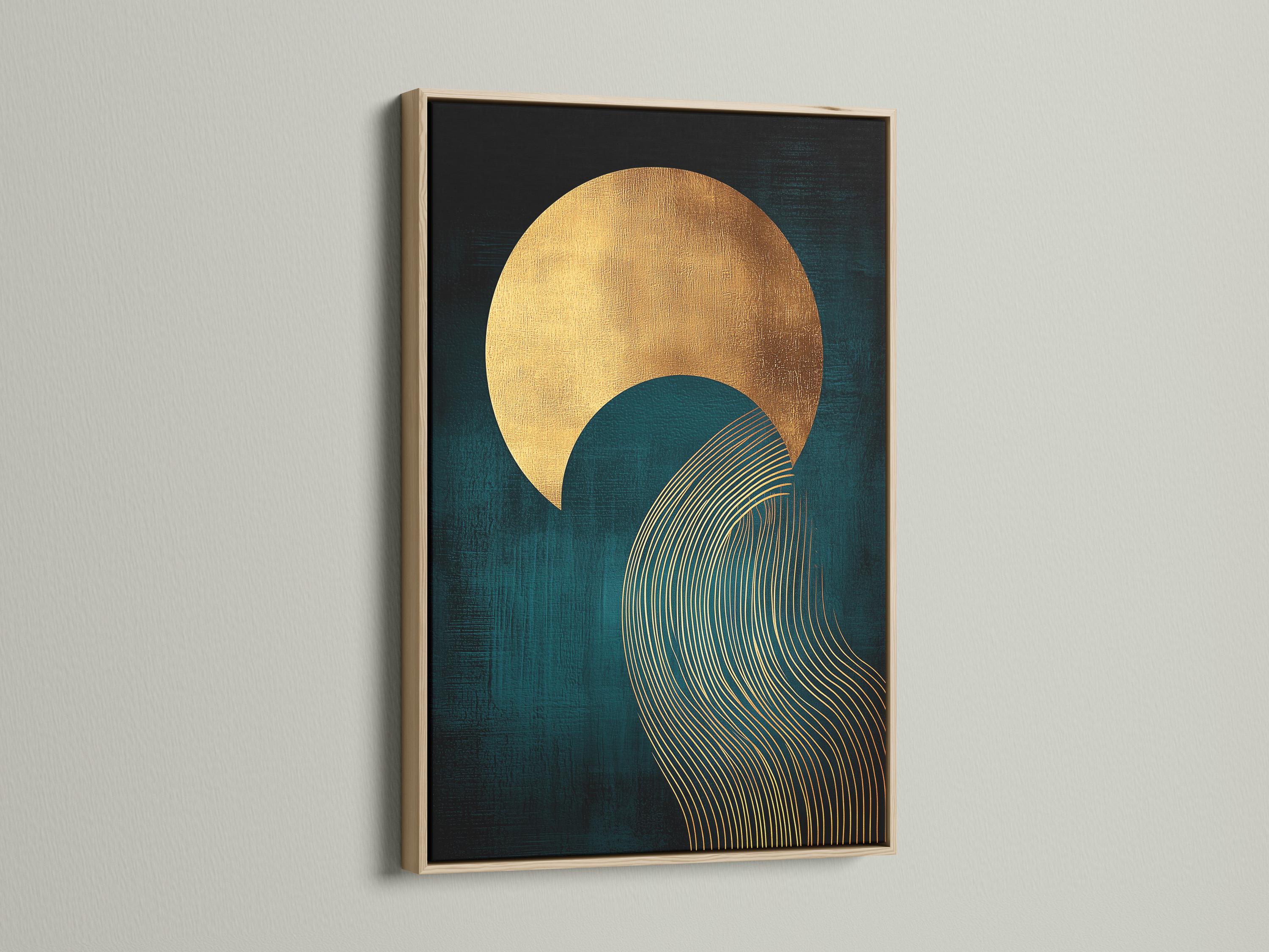Abstract teal and gold artwork with a large sun-like circle and curved wave line pattern detail view