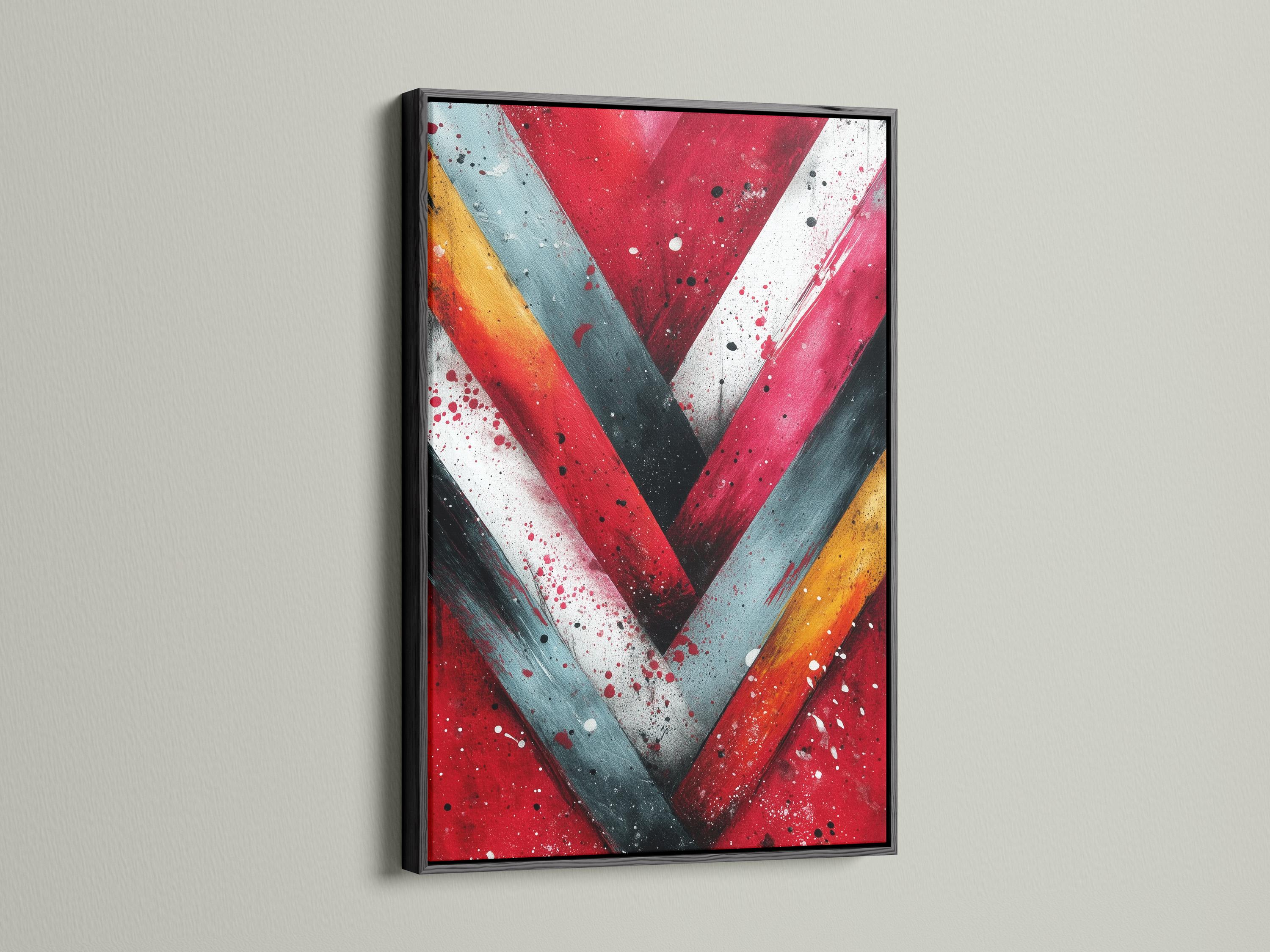 Abstract chevron V shape in red, teal and warm yellow with speckled dots detail view