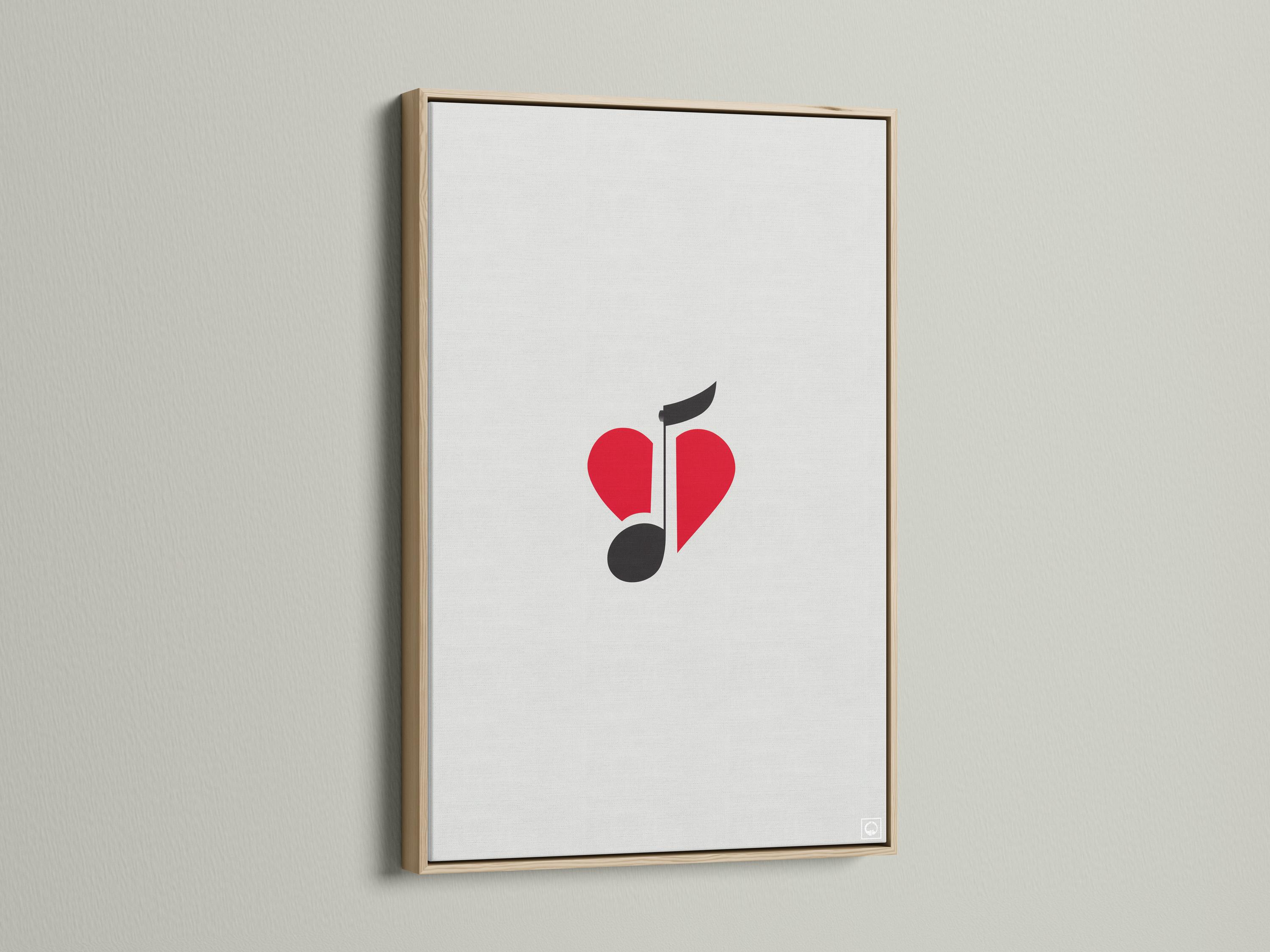 Wall mockup of minimalist red heart and black music note artwork