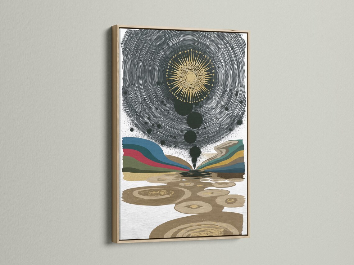 Abstract celestial eye with gold sunburst, concentric black lines and multicoloured wave bands detail view