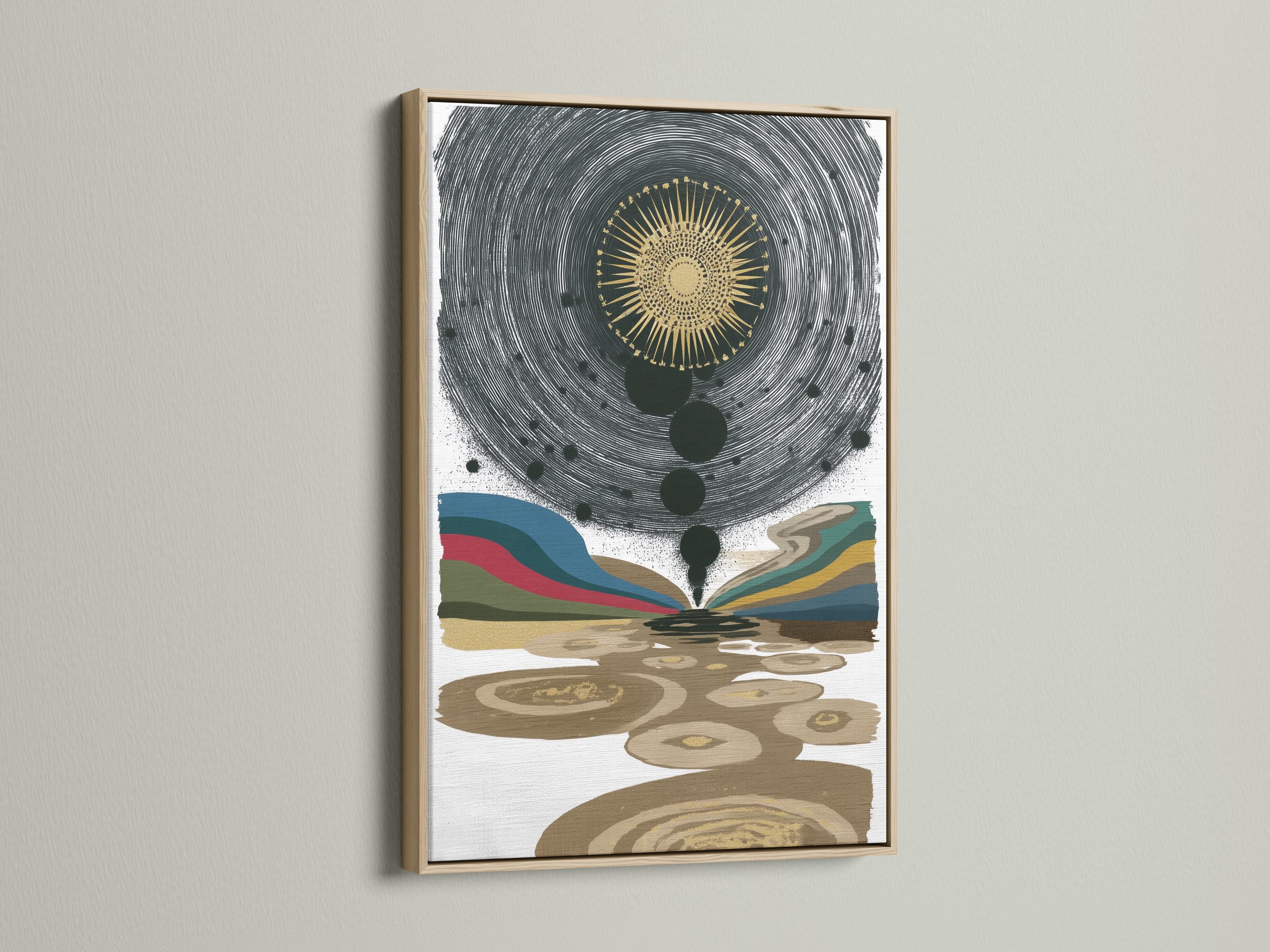 Abstract celestial eye with gold sunburst, concentric black lines and multicoloured wave bands detail view