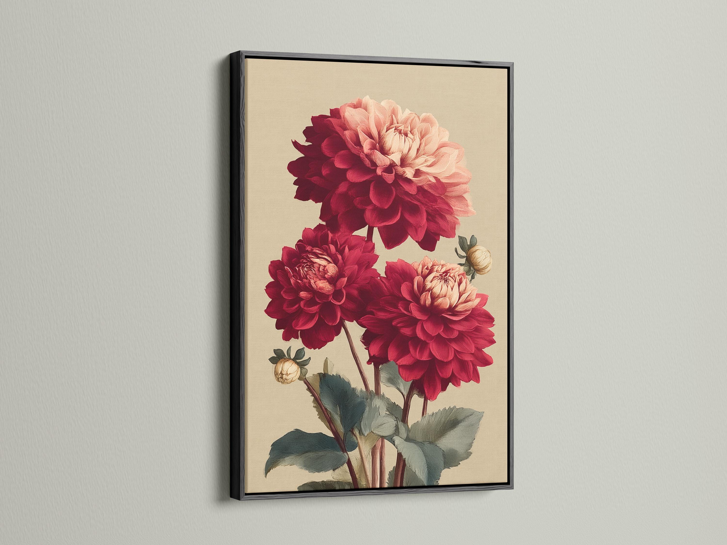 Room mockup featuring framed artwork with burgundy and pale pink dahlias and dark green leaves on a cream background
