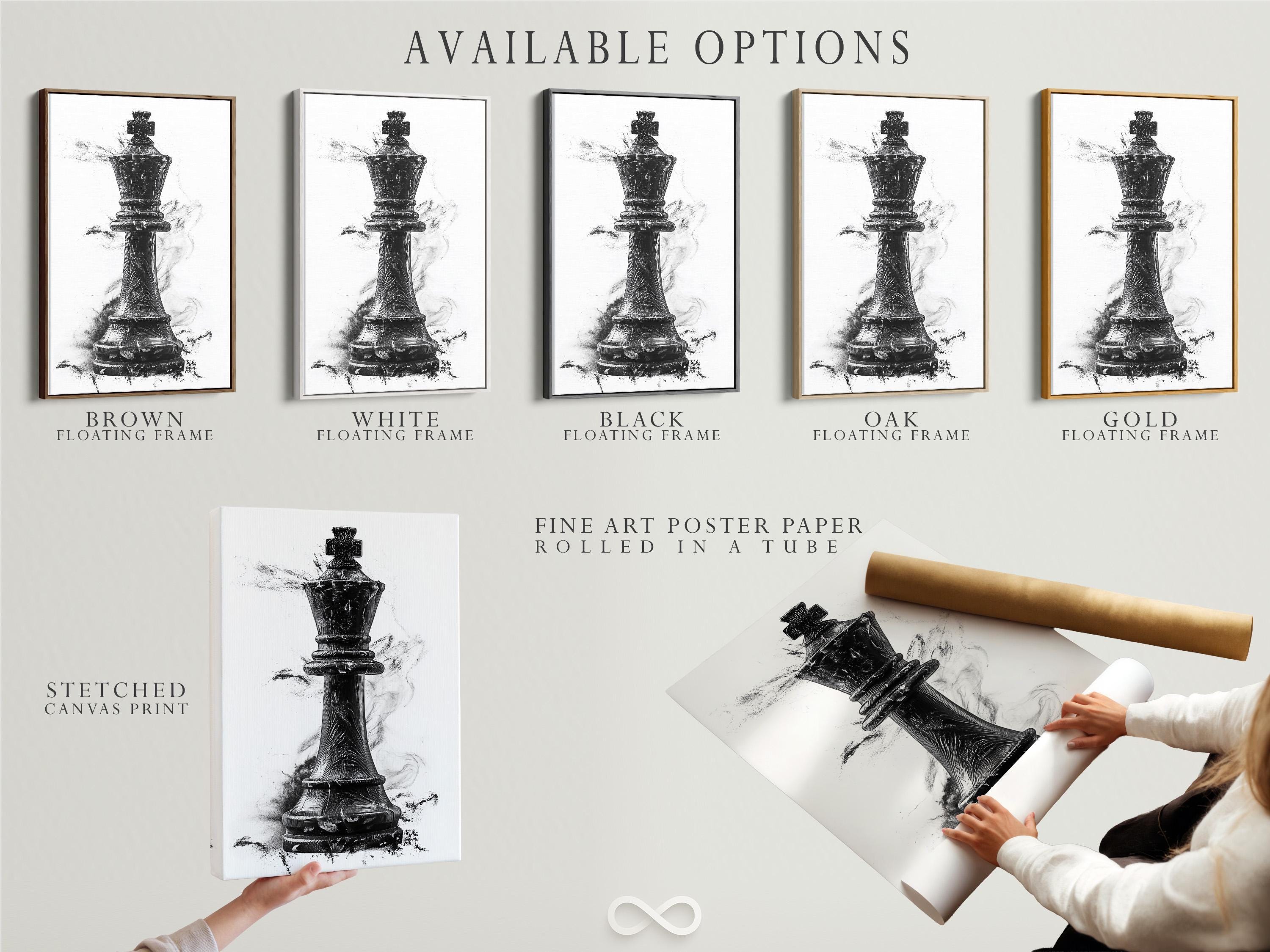 Black and white illustration of an upright chess piece with grey ink splatter marks detail view