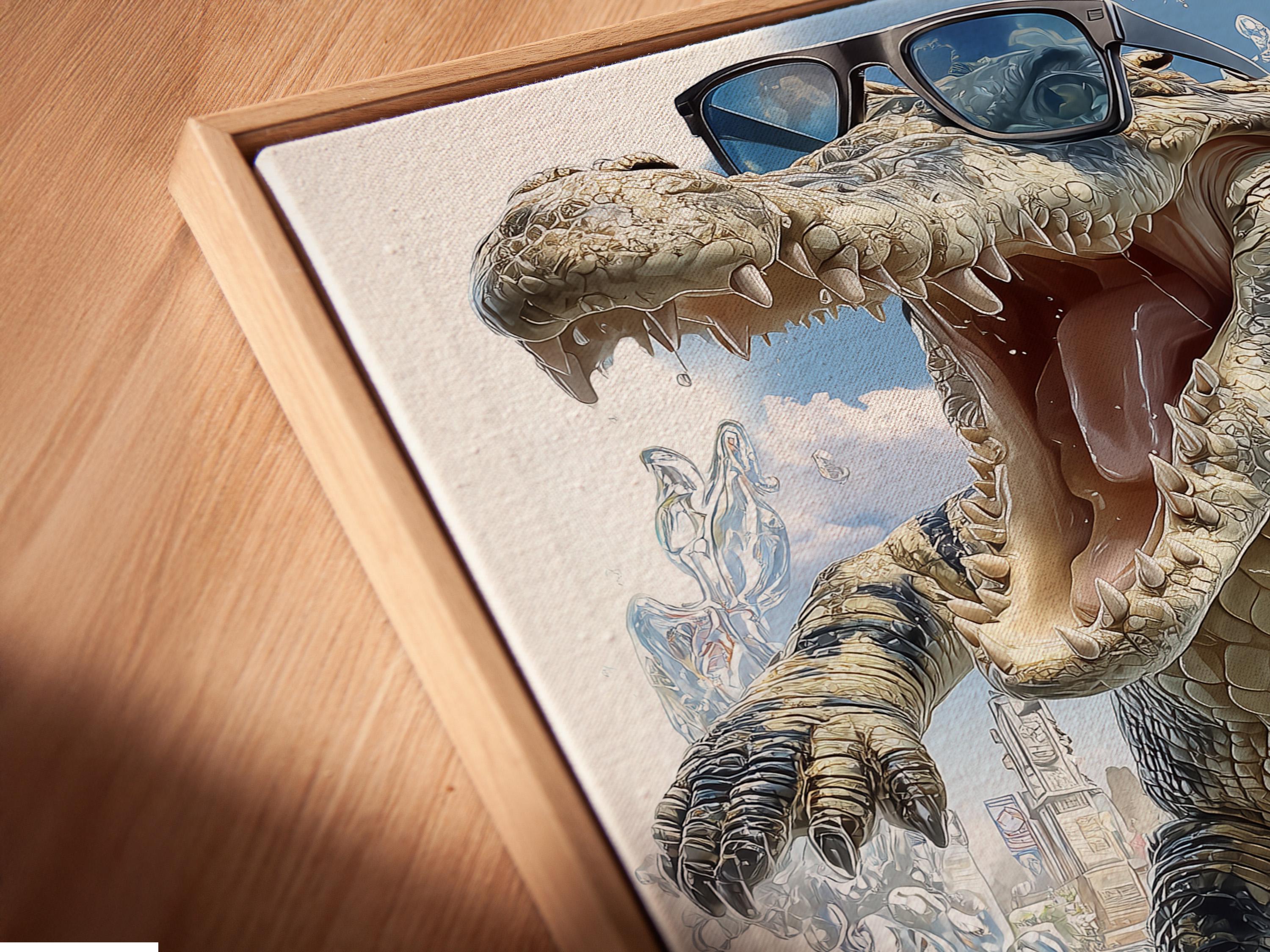 Roaring alligator with sunglasses surfing on a surfboard through foamy blue waves detail view