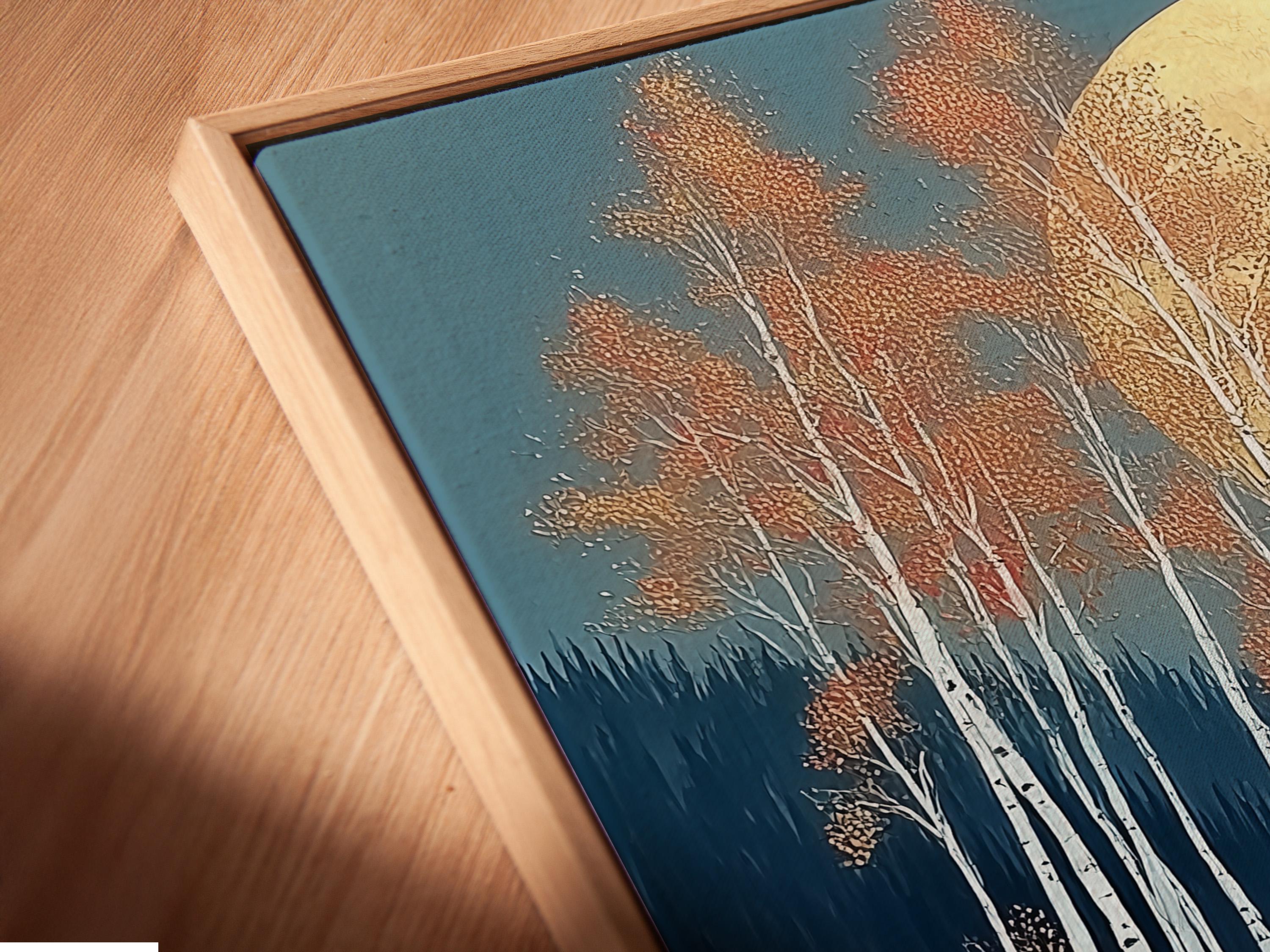 Winter ski lodge scene with a gold moon, snowy trees and a cabin detail view