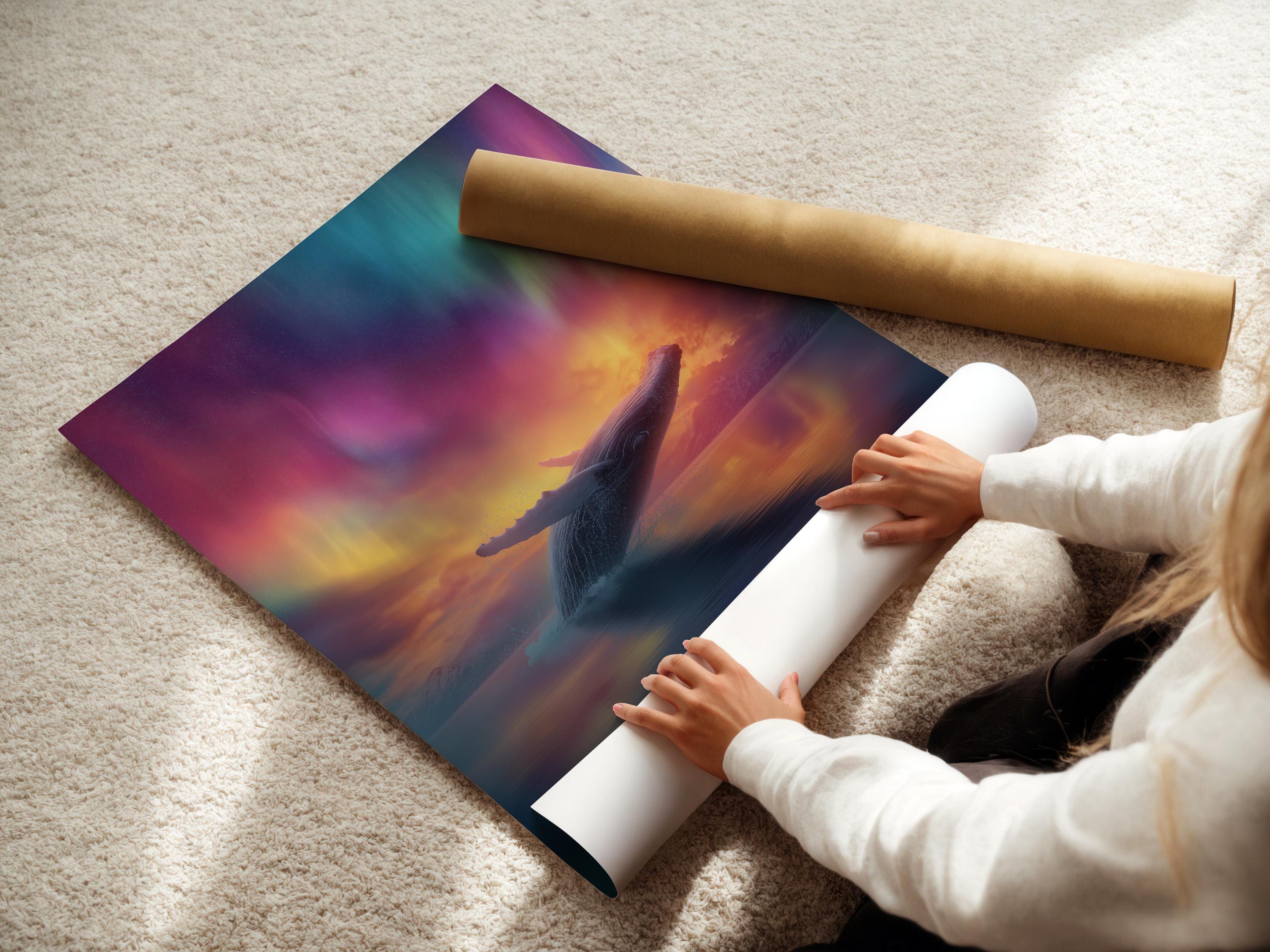 A leaping whale over reflective dark water beneath a pastel aurora sky detail view