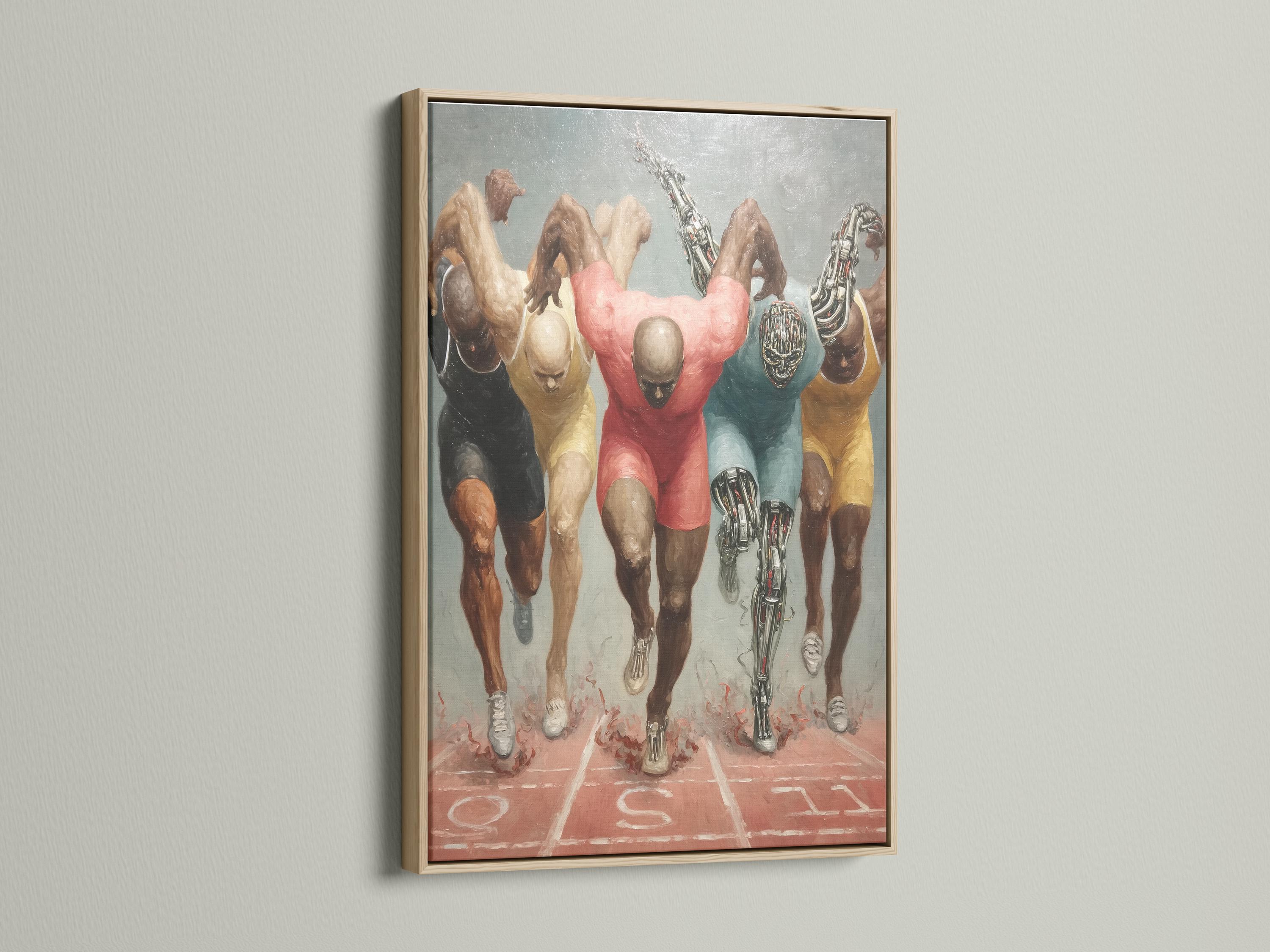 Painterly running cyborg runners with chrome robotic legs on a track-like ground detail view