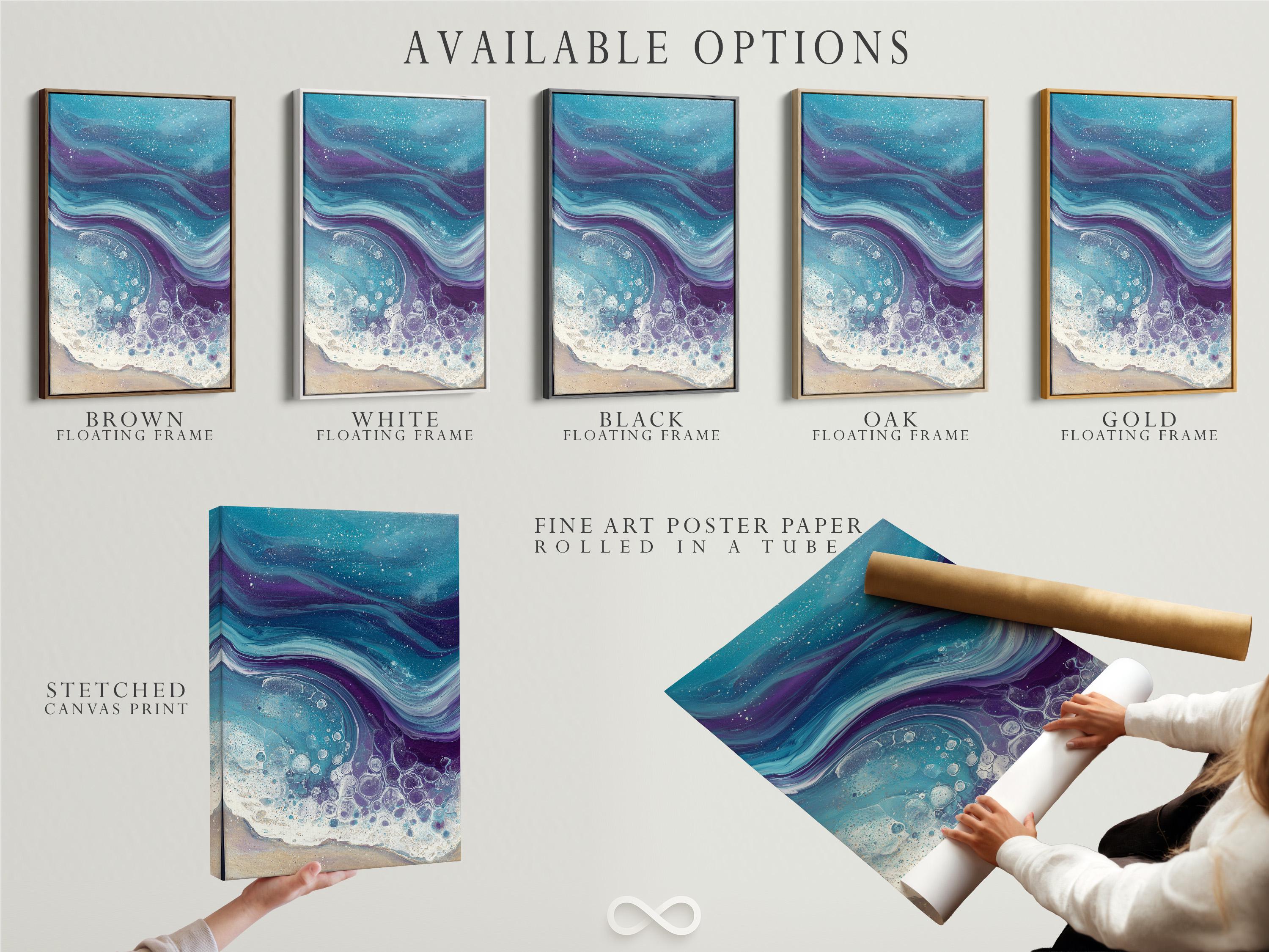 Fluid abstract ocean waves in teal and purple with bubble-like foam highlights detail view
